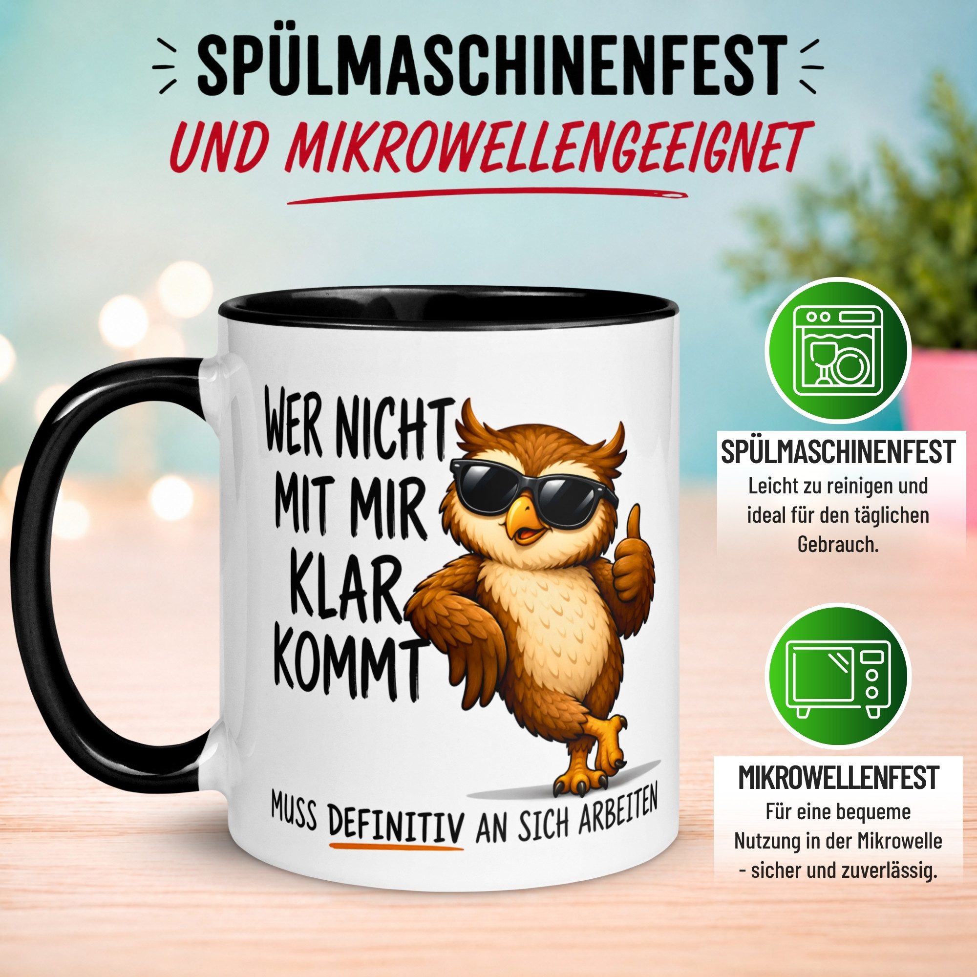 Momentals Tasse Eule – „Wer nicht mit mir klar kommt“ – Eulen Geschenk Becher, Gratis Versand · Links-&Rechtshänder · Spülmaschinenfest – Bild 5 von 5