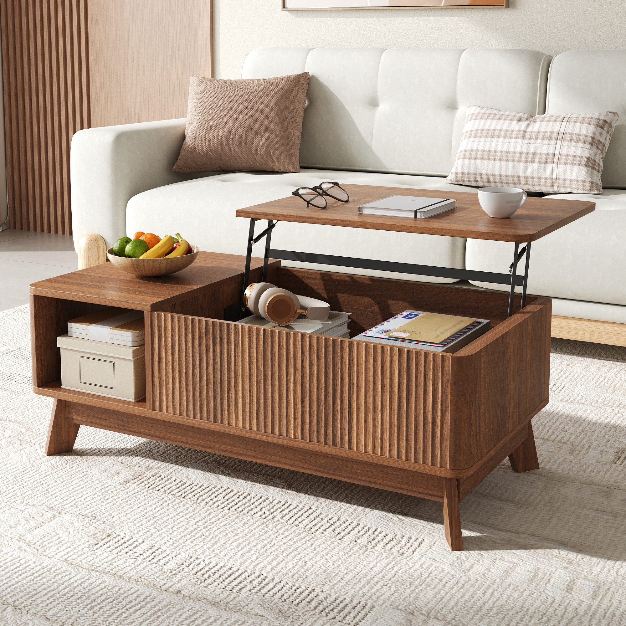 REDOM Couchtisch 95x50x48 cm mit Hubfunktion in Nussbaum (Packung, 1-St., Offenes Seitenfach für zusätzlichen Stauraum, Wellenoptik), Offenes Seitenfach für zusätzlichen Stauraum, MDF-Material