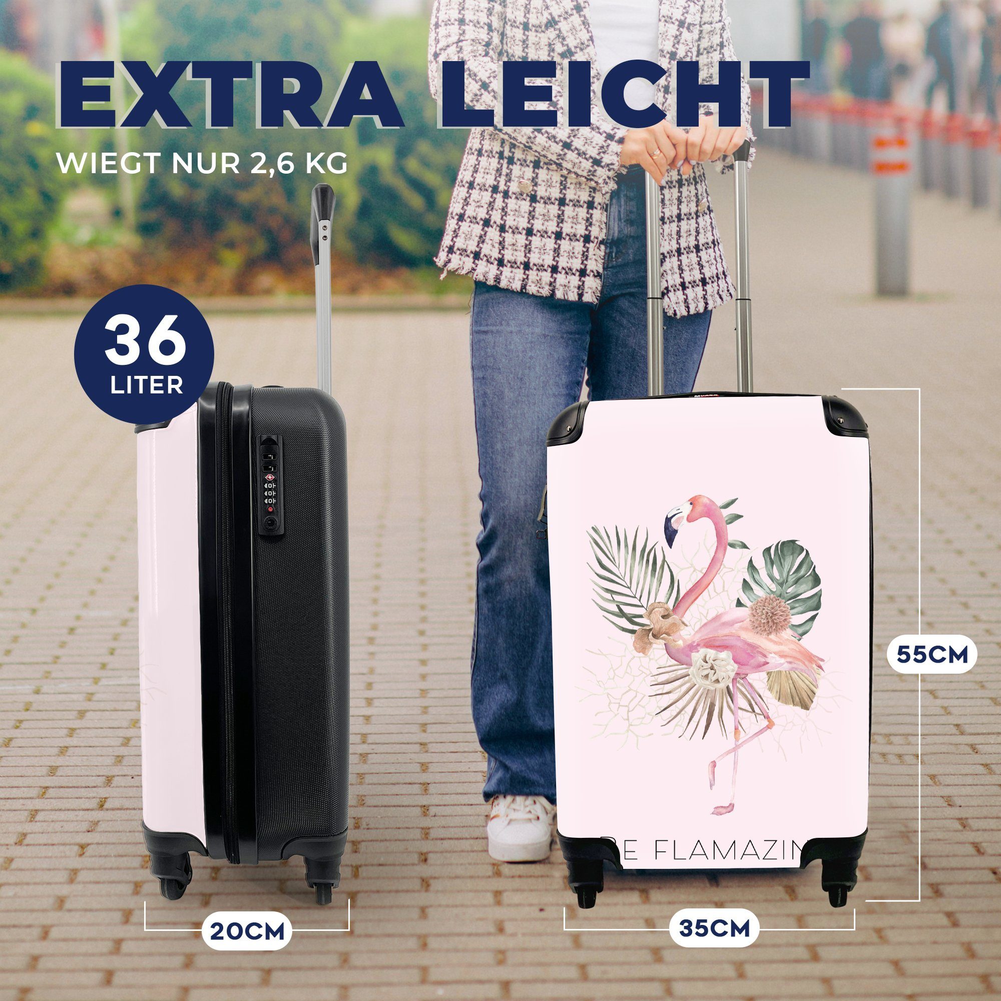 MuchoWow Handgepäckkoffer Flamingo Handgepäck - Reisetasche für 4 Ferien, Rollen, mit Zitate, rollen, Blumen - Reisekoffer Trolley