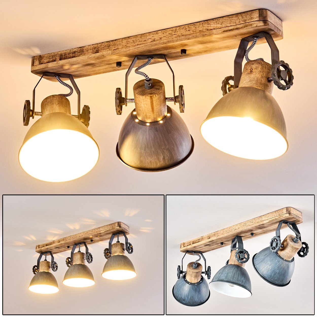 hofstein Deckenleuchte »Cotes« Deckenlampe aus Metall/Holz in Grau/Weiß/Braun, 3-flammig, ohne Leuchtmittel, mit verstellbaren Strahlern, 3xE27, Spot im Retro/Vintage Design