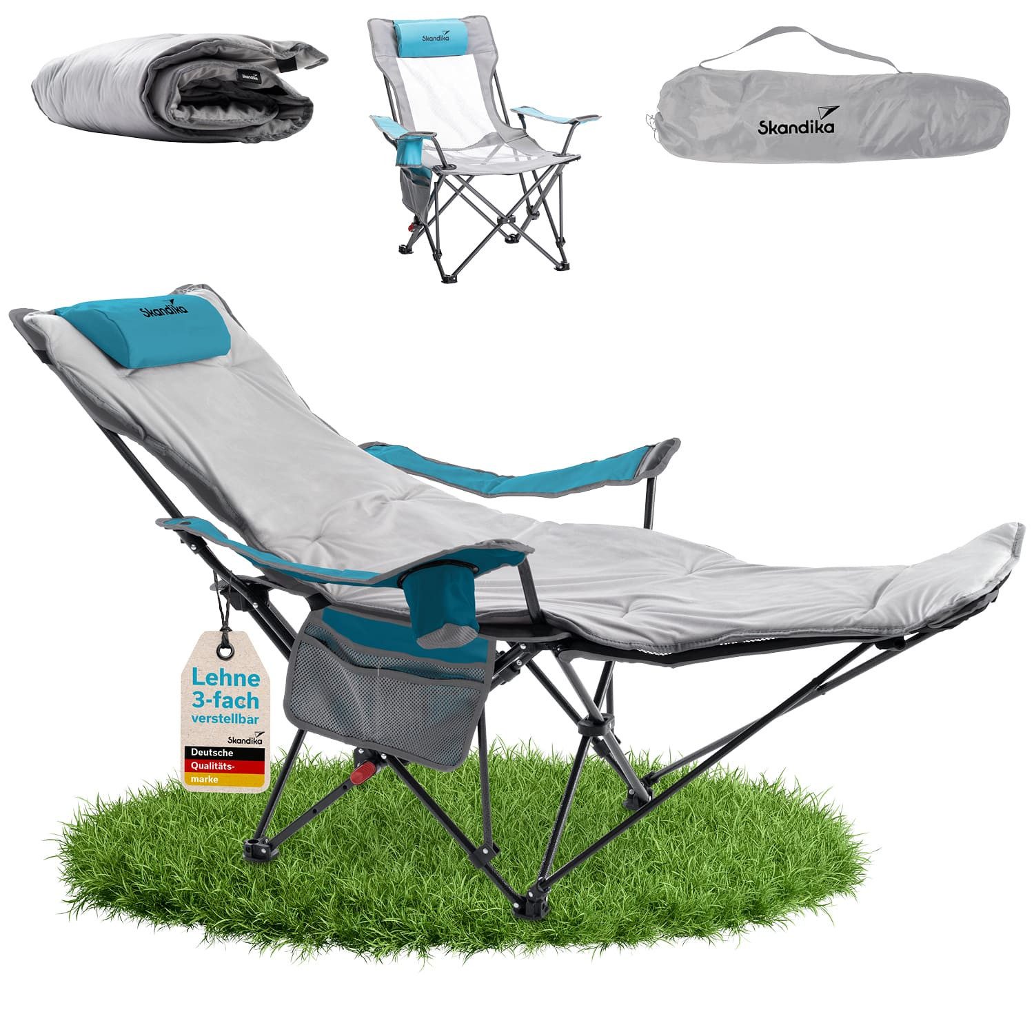 Skandika Campingstuhl Toras mit Fußablage und mit Auflage, 2-in-1 Liegefunktion (Max. Benutzergewicht 120 kg, Gewicht: 4,7 kg, Kopfkissen), verstellbare Rückenlehne, leicht, Klappstuhl mit Getränkehalter
