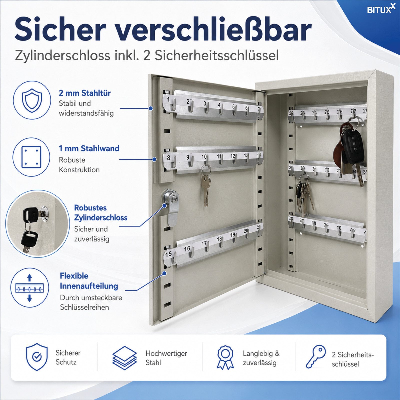 Bituxx Schlüsselkasten lichtgrau 42 Haken Eckig (17 St., MS-11390) – Bild 4 von 5