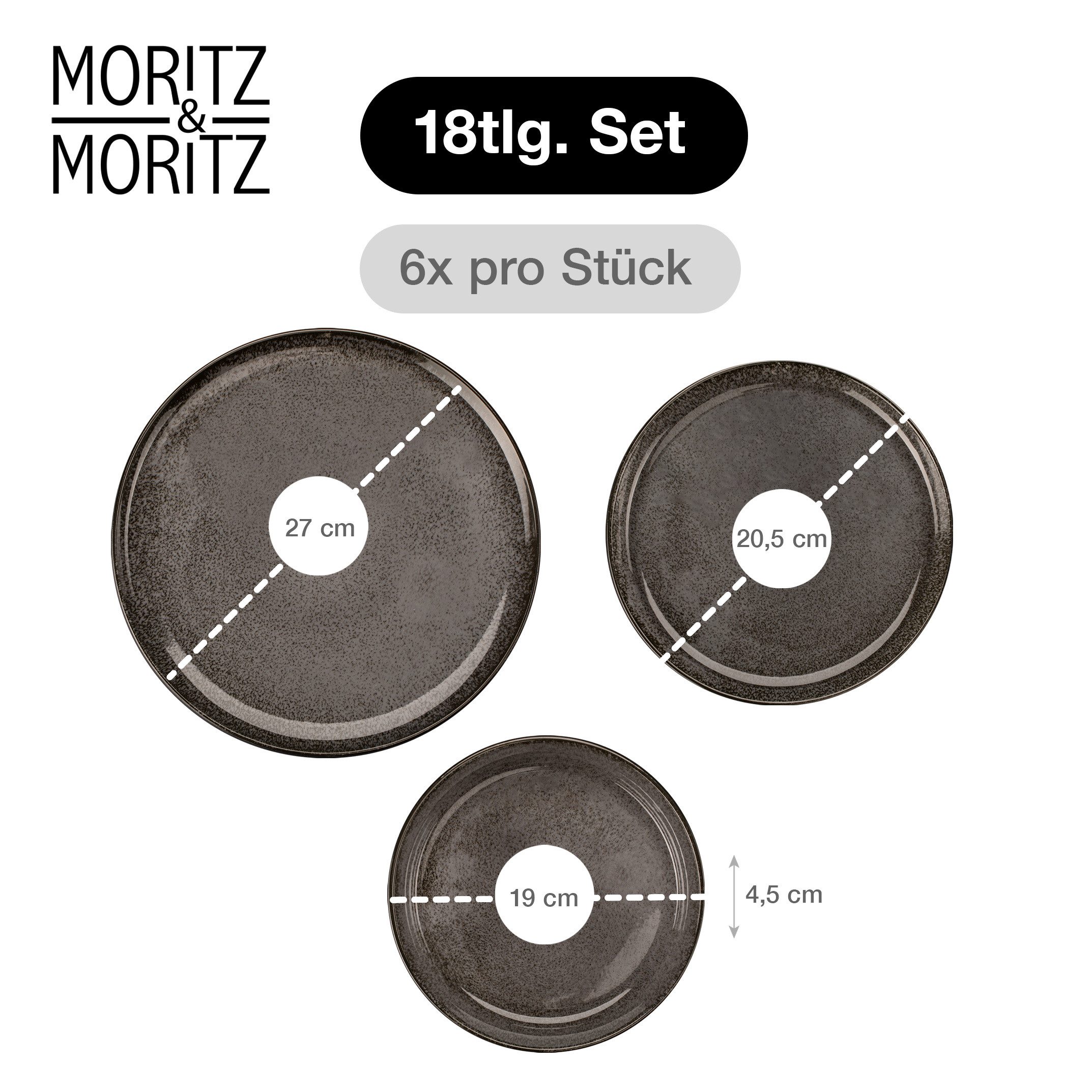 Moritz & Moritz Tafelservice VIDA Geschirrset für 6 Personen Anthrazit (18-tlg), 6 Personen, Porzellan, Kombigeschirr für 6 Personen