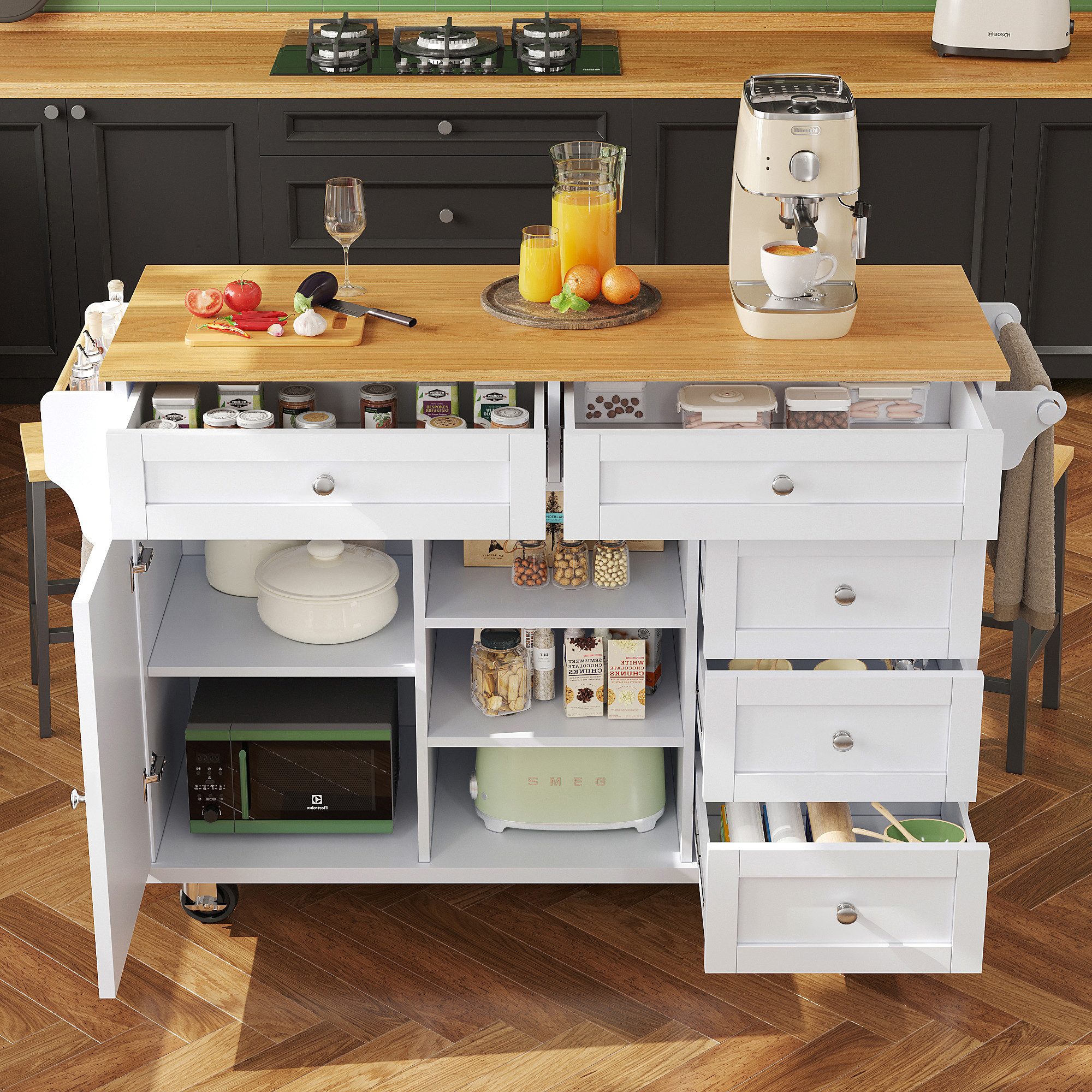 STILVORA Küchenwagen mit Schubladen,Kücheninsel Buffetschrank mit Rollen&Lagerregal,Weiß, (Esszimmerwagen, Kücheninsel, Servierwagen, Küchenschrank, 1 St), mit viel Stauraum, 5 flexible Gleiträder/ 4 festen Stützfüße