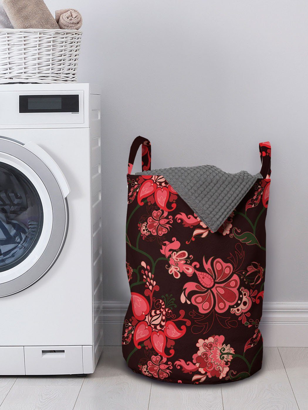Wäschekorb Waschsalons, Abakuhaus Kordelzugverschluss Romantisch mit für Paisley-Blumen-Muster Wäschesäckchen Griffen