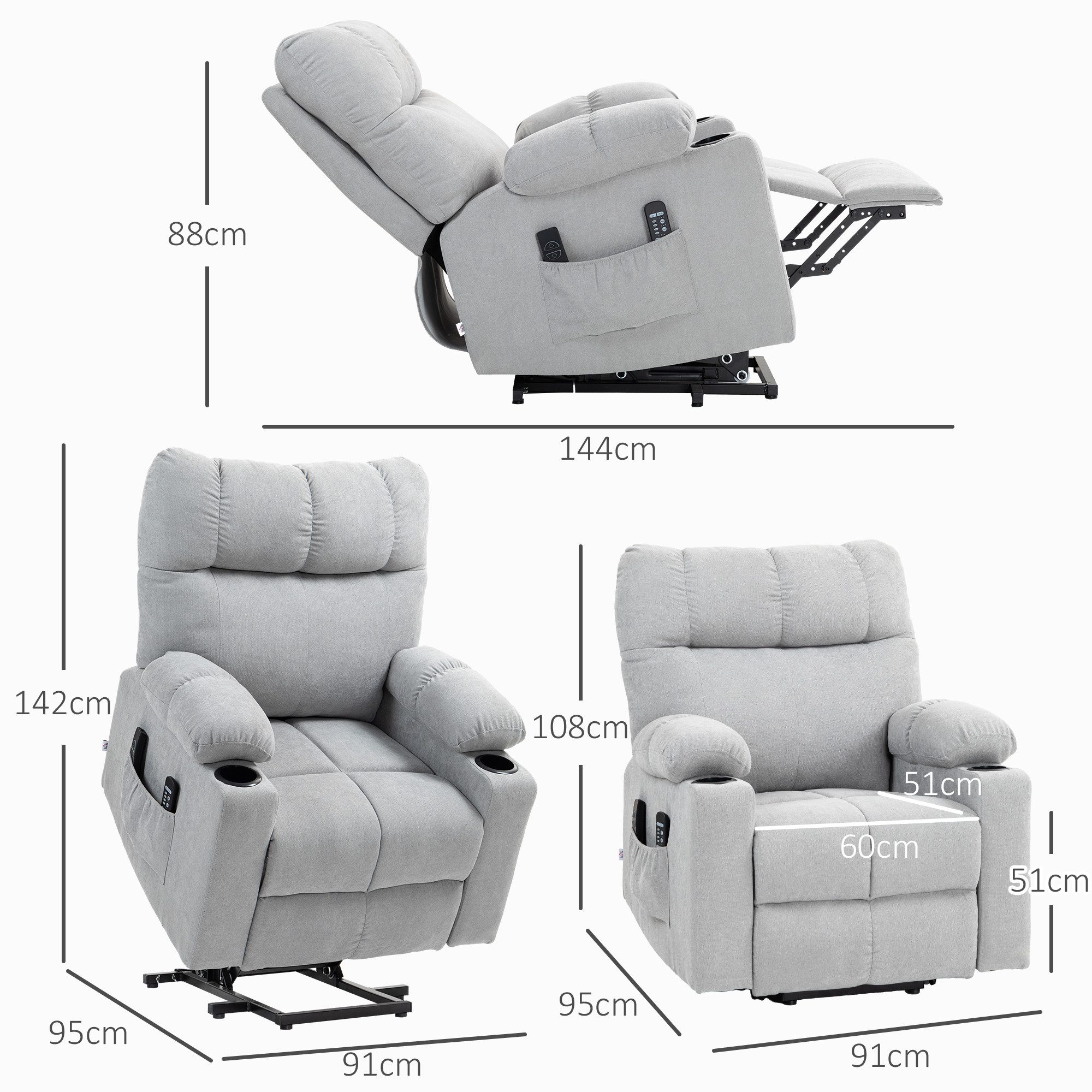 HOMCOM Massagesessel Aufstehhilfe mit Wärmefunktion, Becherhalter, Fußteil (Relaxsessel, 1-St., Fernsehsessel), für Wohnzimmer, Arbeitszimmer, Grau