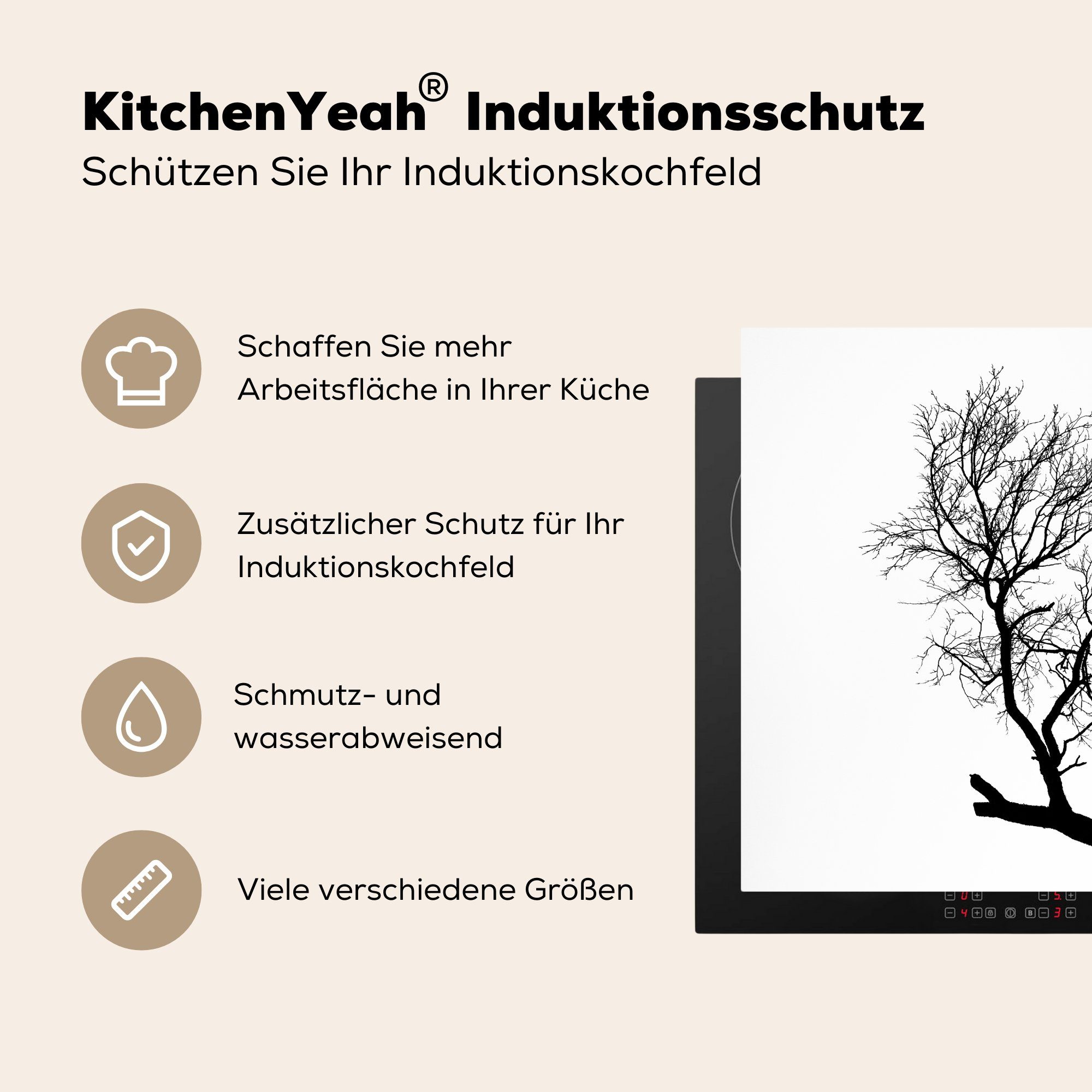 Baumzweigs, küche (1 MuchoWow Silhouette Ceranfeldabdeckung, 78x78 cm, Vinyl, für Arbeitsplatte eines tlg), Herdblende-/Abdeckplatte