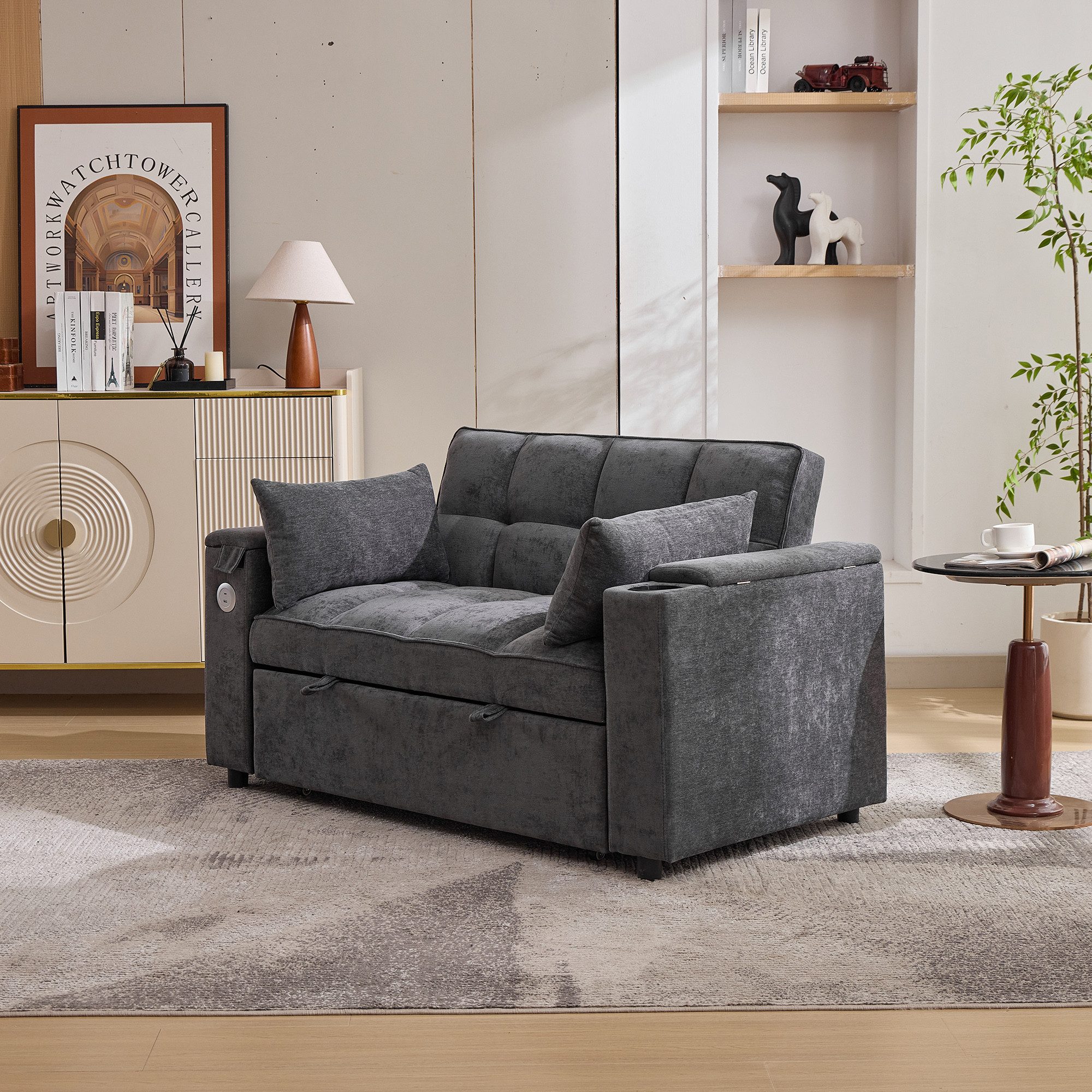 Merax Schlafsofa 3-in-1 Loungesofa faltbar Sofa mit USB & verstecktem Tisch, 1 Teile, 2-Sitzer Sofa mit verstellbarer Rückenlehne, Getränkehalter & Rollen – Bild 4 von 5