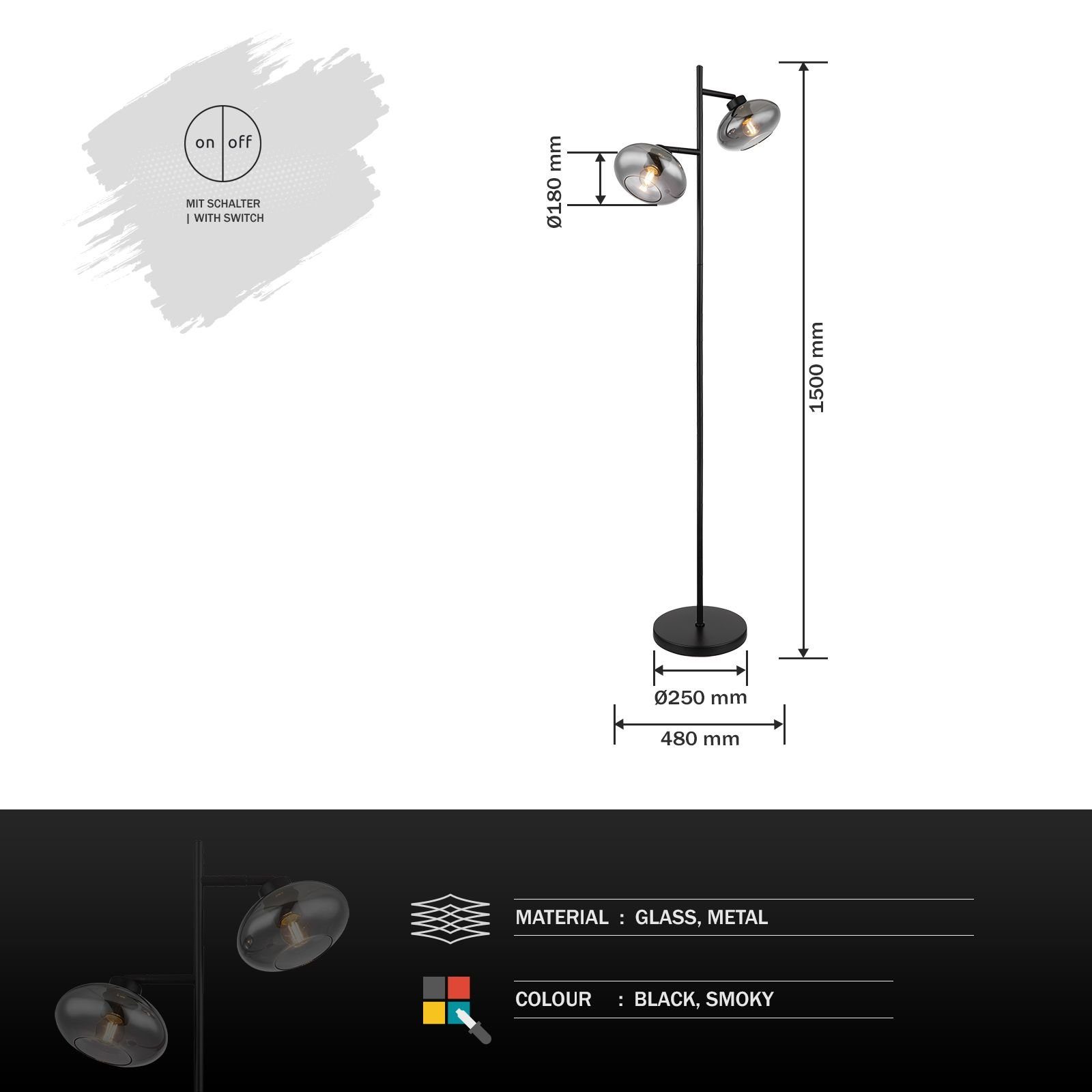 Stehlampe GLOBO Globo schwarz Stehlampe Schlafzimmer Schalter Wohnzimmer Stehleuchte
