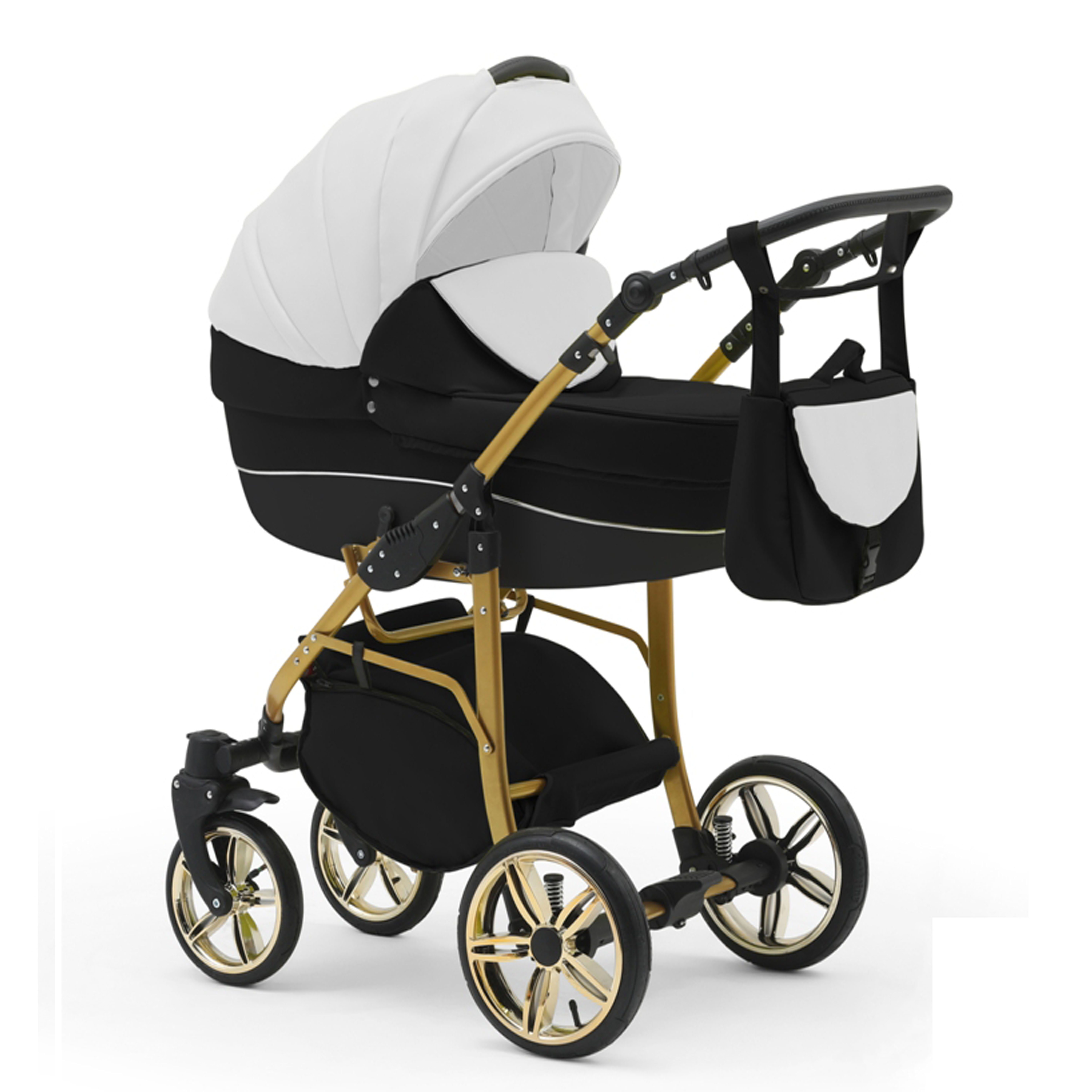 babies-on-wheels Kombi-Kinderwagen 2 in 1 Kinderwagen-Set Cosmo ECO Gold - 13 Teile - in 46 Farben Weiß-Schwarz-Schwarz