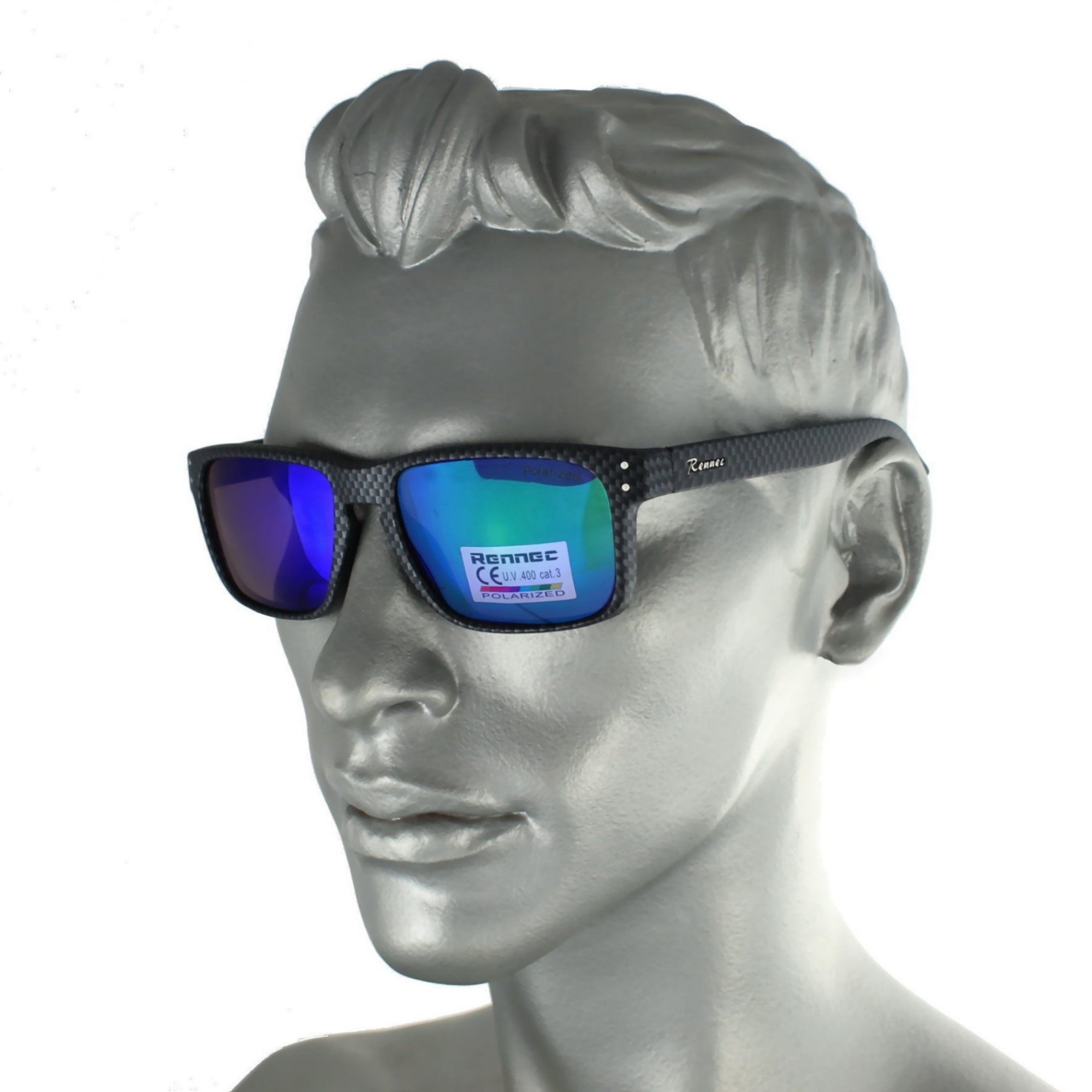 Rennec Sonnenbrille Herren Polarisiert Rechteckig Carbon Optik mit Hardcase Gläser UV400 Getönt oder Verspiegelt, Edelstahl Bügelgelenke 3in2