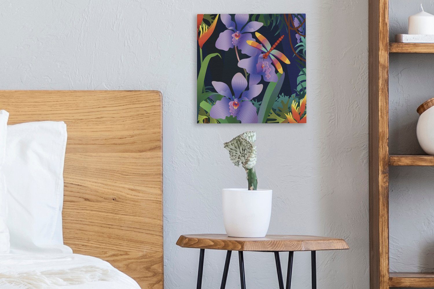 OneMillionCanvasses® Leinwandbild Eine Vektor-Illustration des Orchidee, (1 St), mit Wohnzimmer Regenwaldes lila für Schlafzimmer einer Leinwand Bilder
