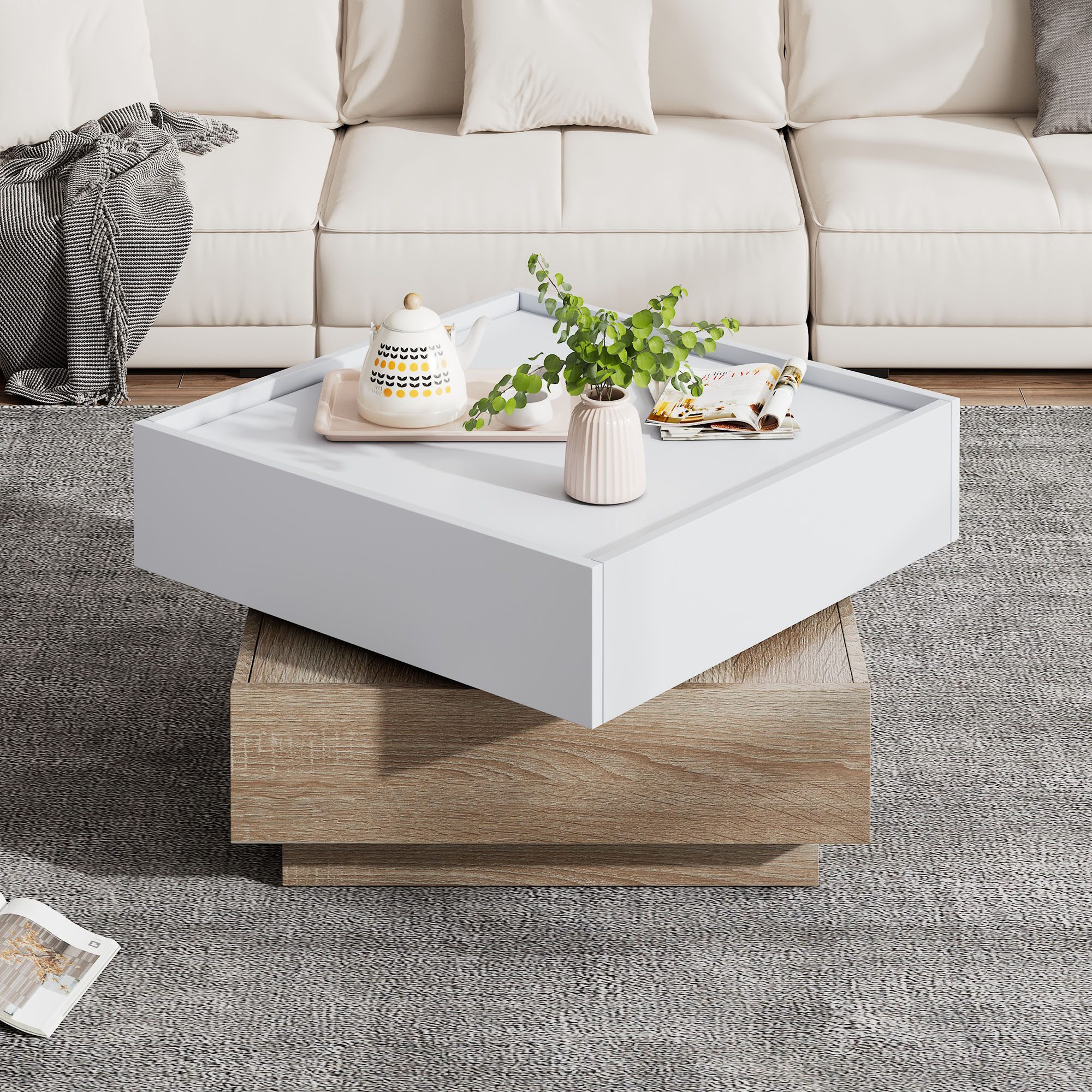 Couchtisch Wohnzimmertsich mit Schubladen,Sofatisch mit drehbare Tischplatte