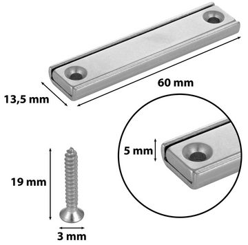Poppstar Magnet Werkzeugleiste zum Anschrauben (Länge 6cm, extra stark Haftkraft 30kg) (6-St., mit Senkloch inkl. 12 Schrauben), Magnetische Werkzeug-Halter Magnetschiene