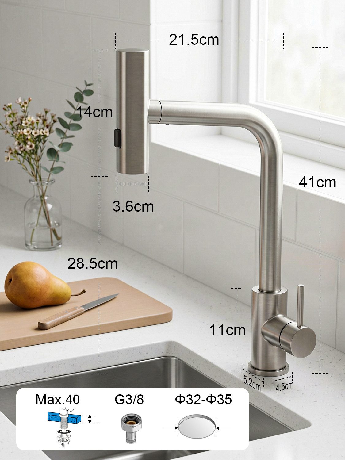 Lumkudos Küchenarmatur Wasserhahn Küche, ausziehbar 360° schwenkbar mit 3 Sprühfunktionen (Küchenarmatur Set, 1-St., Max.40, G3/8, ø32-35mm, Abnehmbarer Behälte – Bild 4 von 5