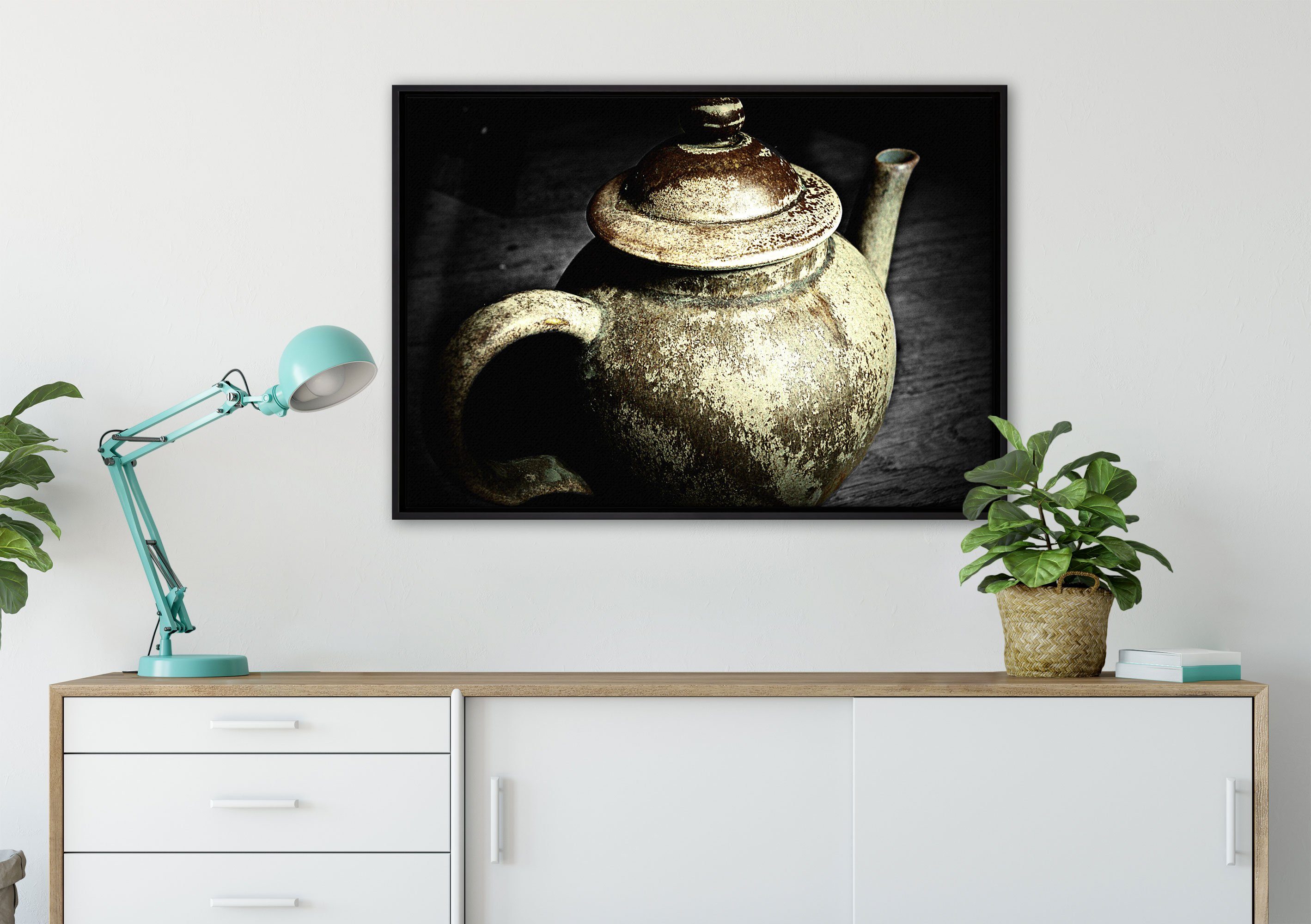(1 Leinwandbild einem Teekanne bespannt, inkl. Leinwandbild in fertig aus klassische Zackenaufhänger St), Schattenfugen-Bilderrahmen Wanddekoration Pixxprint gefasst, Keramik,
