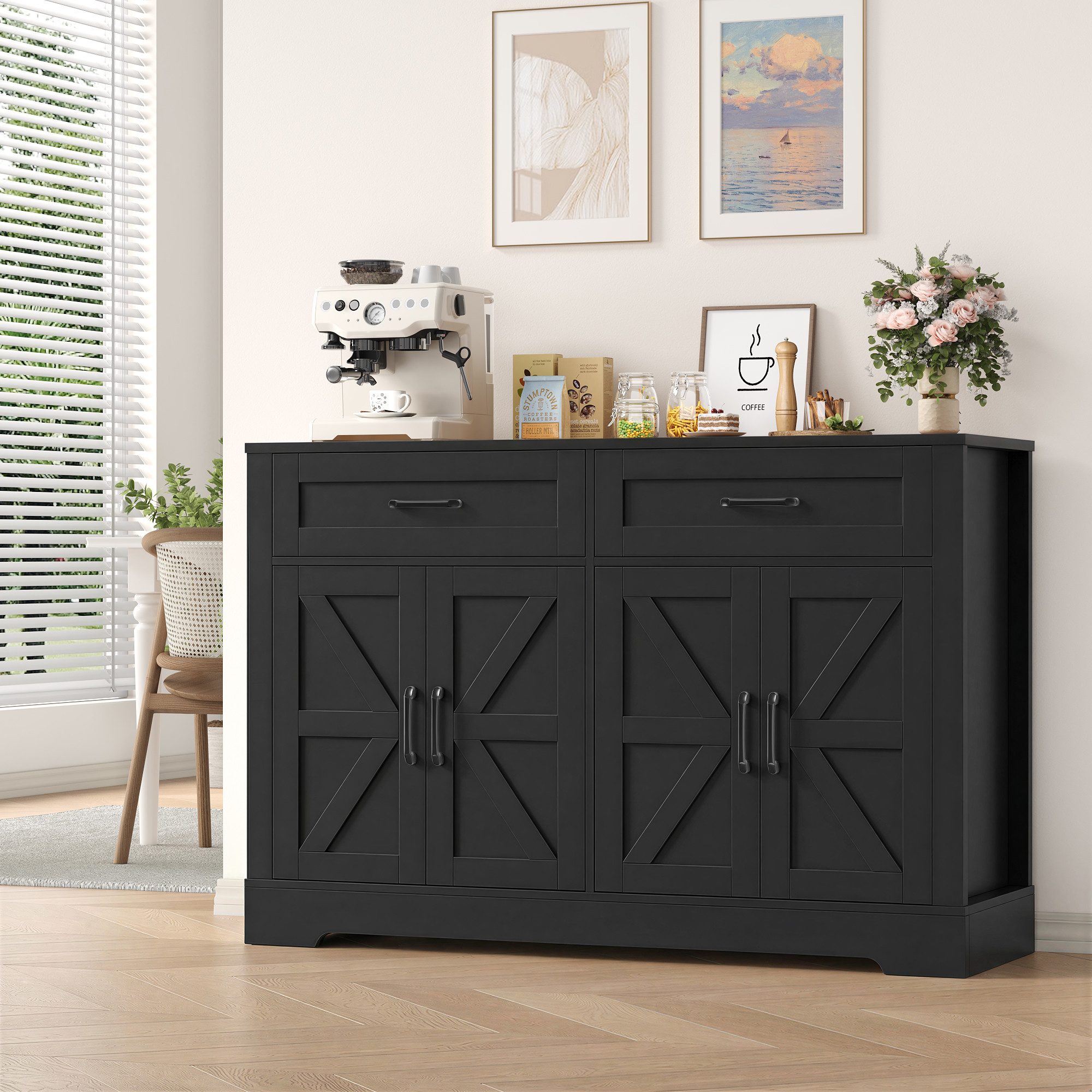 HOMECHO Buffet 120cm Küchenschrank mit 2 Schubladen 4 Türen