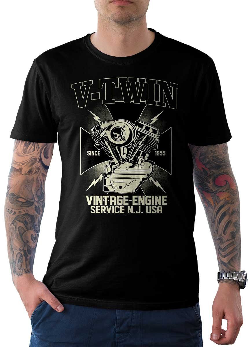 Rebel On Wheels T-Shirt Herren T-Shirt Tee Vintage Engine mit Biker / Motorrad Motiv Schwarz