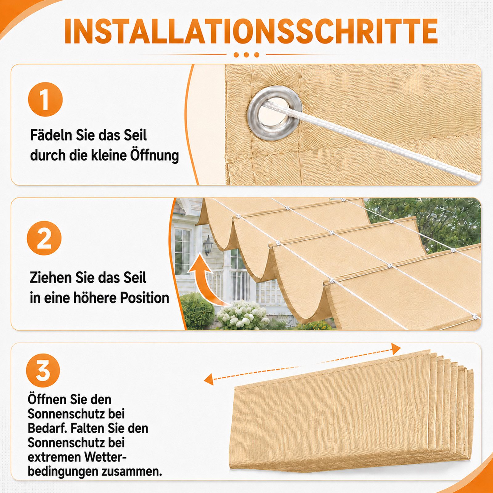 Rosnek Sonnensegel mit Ösen, 95% UV-Schutz, wasserdicht & windfest, Wellenförmiges Schattendach für Garten, Terrasse & Balkon