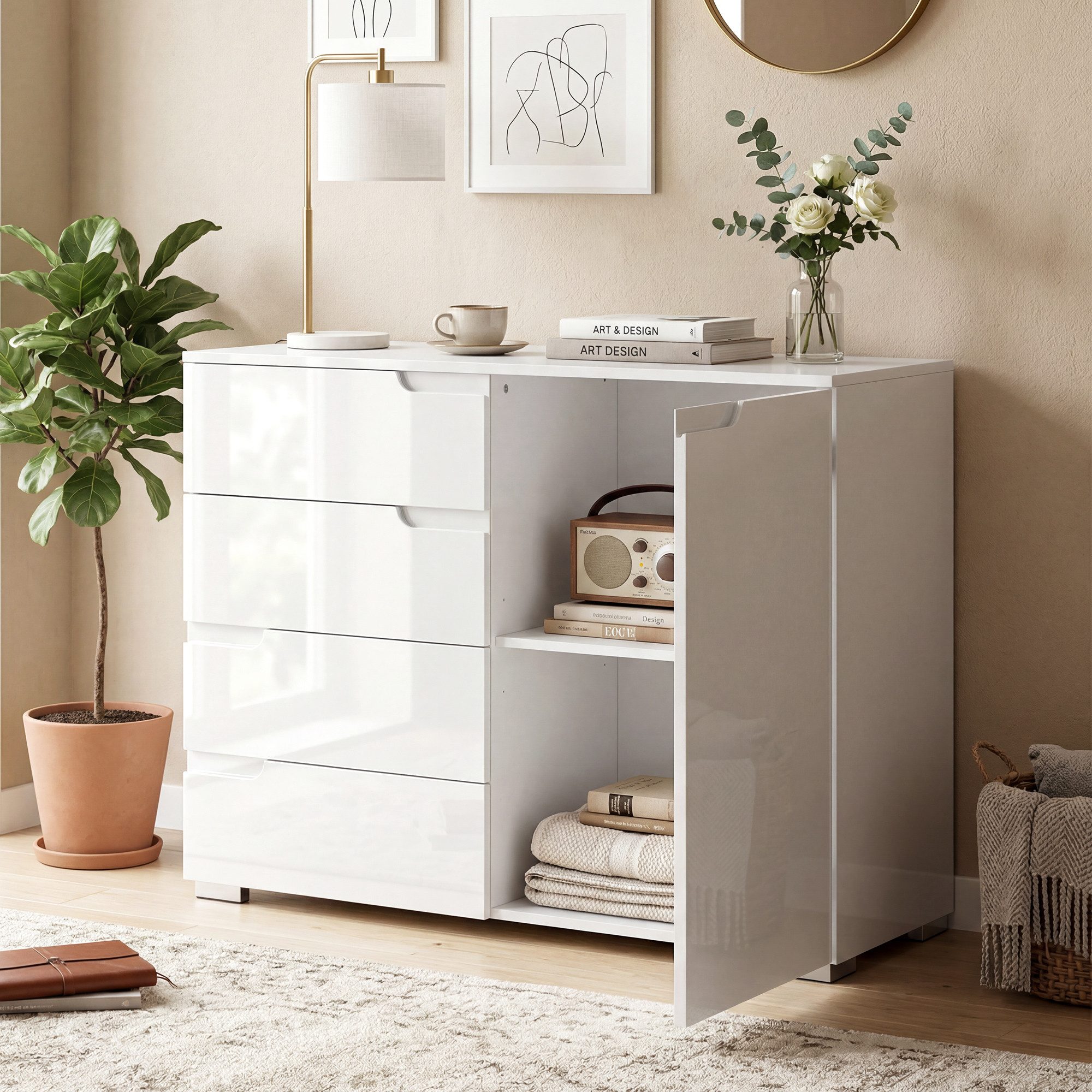 HOMCOM Sideboard Kommode mit 4 Schubladen, Aufbewahrungsschrank mit 1 Tür (Aufbewahrungsschrank, 1 St., TV Schrank), für Wohnzimmer, Schlafzimmer 100 x 40 x 80 cm, Weiß