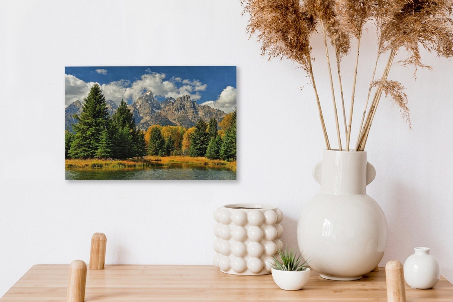 in OneMillionCanvasses® Leinwandbilder, (1 Wandbild den im Wanddeko, St), Wyoming, Leinwandbild Teton-Bergen cm Aufhängefertig, Herbst 30x20 vor Waldlandschaft