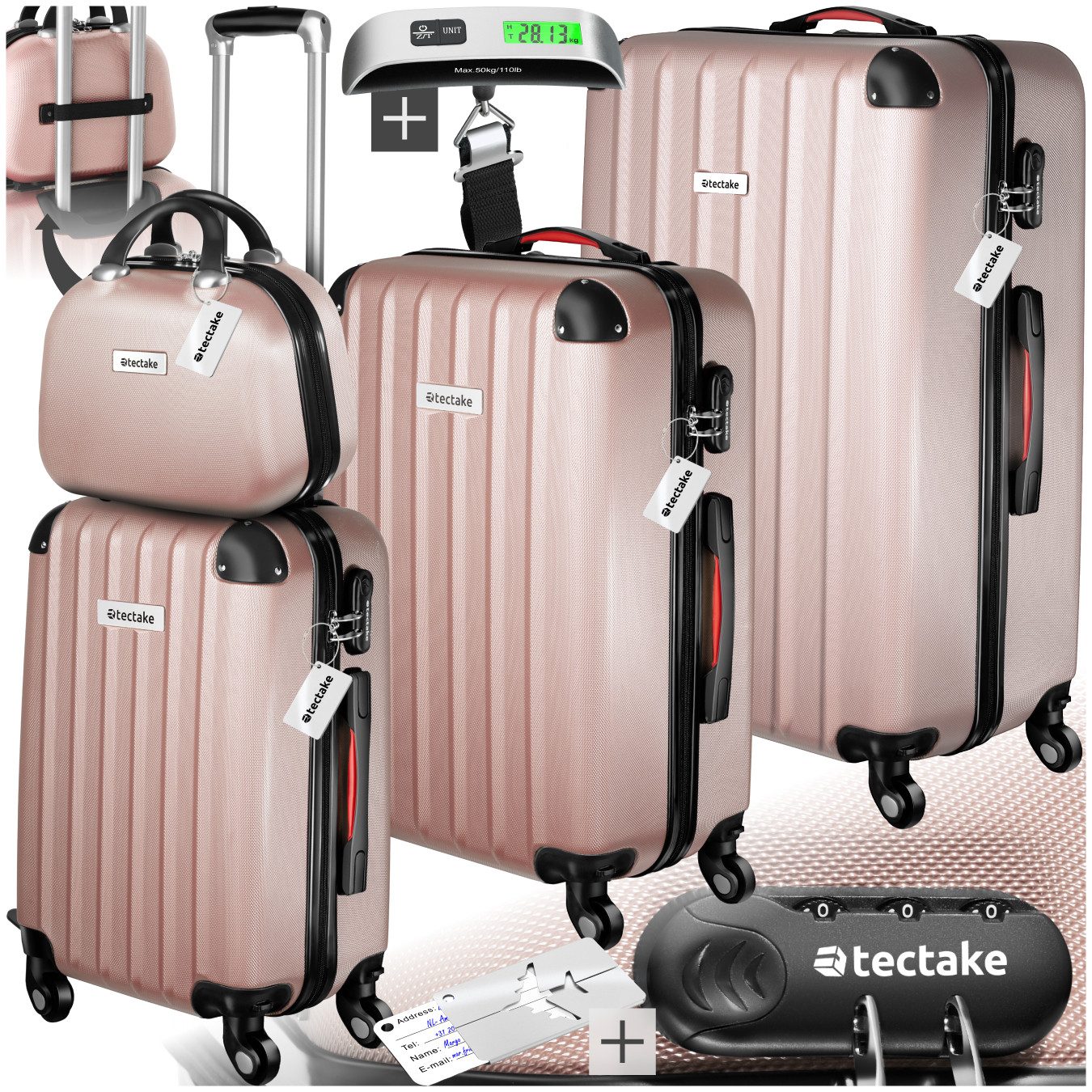 tectake Trolley Hartschalenkoffer-Set, 4 Rollen, 4-teilig, 3 Trolleys, 1 Beauty Case inkl. Kofferwaage und -anhänger