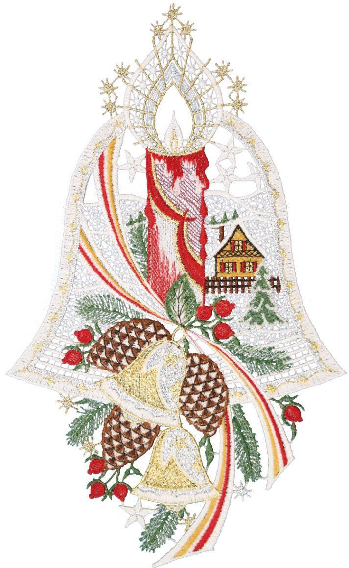 W. Reuter & Sohn - Plauener Spitze® Fensterbild Glocke mit Landschaft, Made in Germany