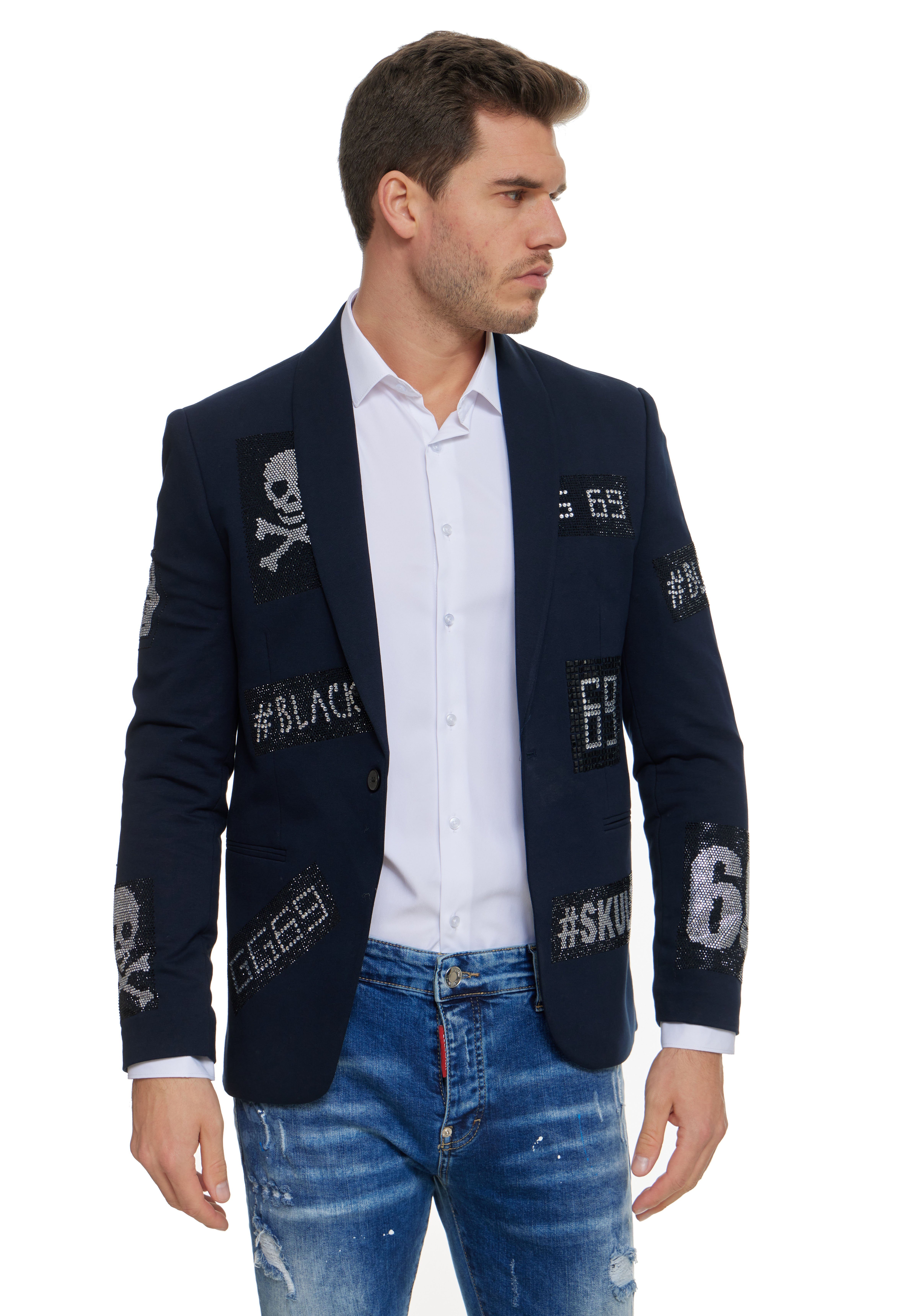 Denim Distriqt Jerseysakko Herren Sakko mit Strass veredelt Totenkopf Sakko Blau