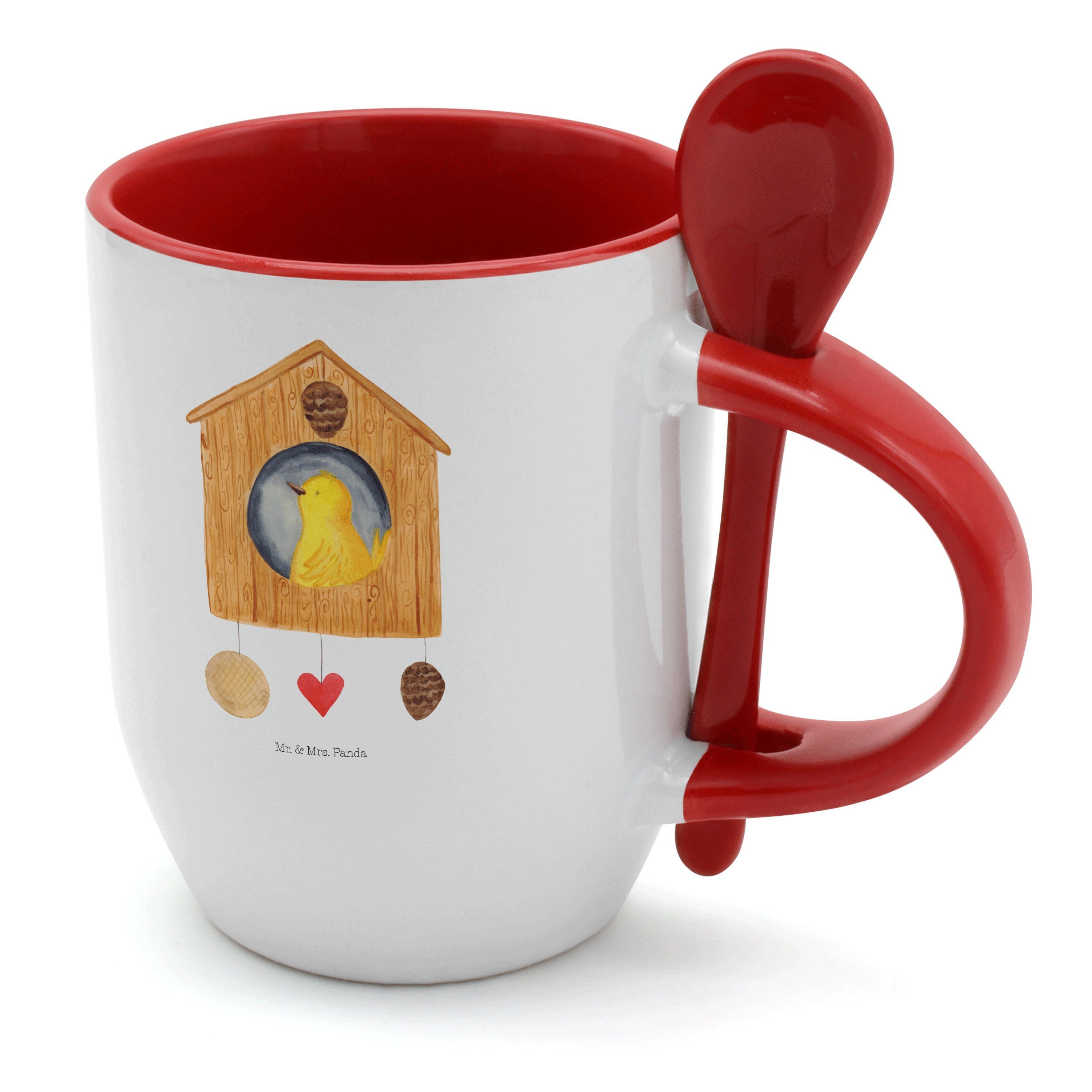 Vogelhaus mit Kaffeebecher, - Tasse Mrs. Panda Tasse & Tasse, K, Geschenk, Keramik - Mr. Spruch, Weiß