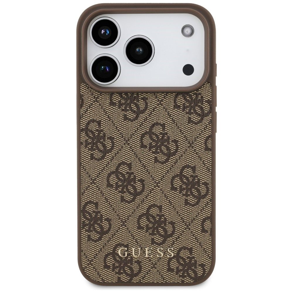 Guess Smartphone-Hülle 4G Classic kompatibel mit iPhone 18 Pro, 17 Pro Braun 6,3 Zoll, goldfarbener Guess Logo Aufnäher