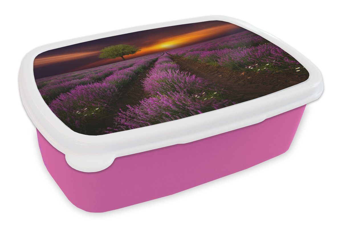 Sonnenuntergang, einer Kunststoff Kinder, Lavendelfeld Nacht rosa MuchoWow dunklen Snackbox, in Erwachsene, (2-tlg), mit für Schönes Lunchbox Brotbox Brotdose Kunststoff, Mädchen,
