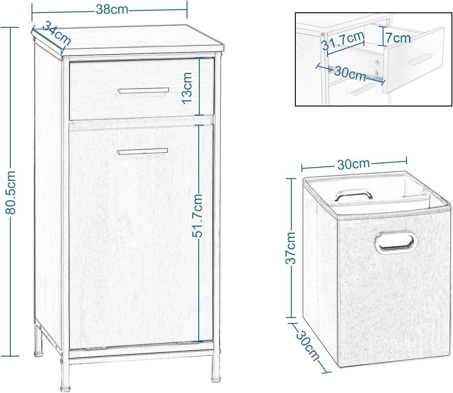 EUGAD Badkommode (1 St), Badezimmerschrank mit faltbarem Wäschesack, 38x80x34cm