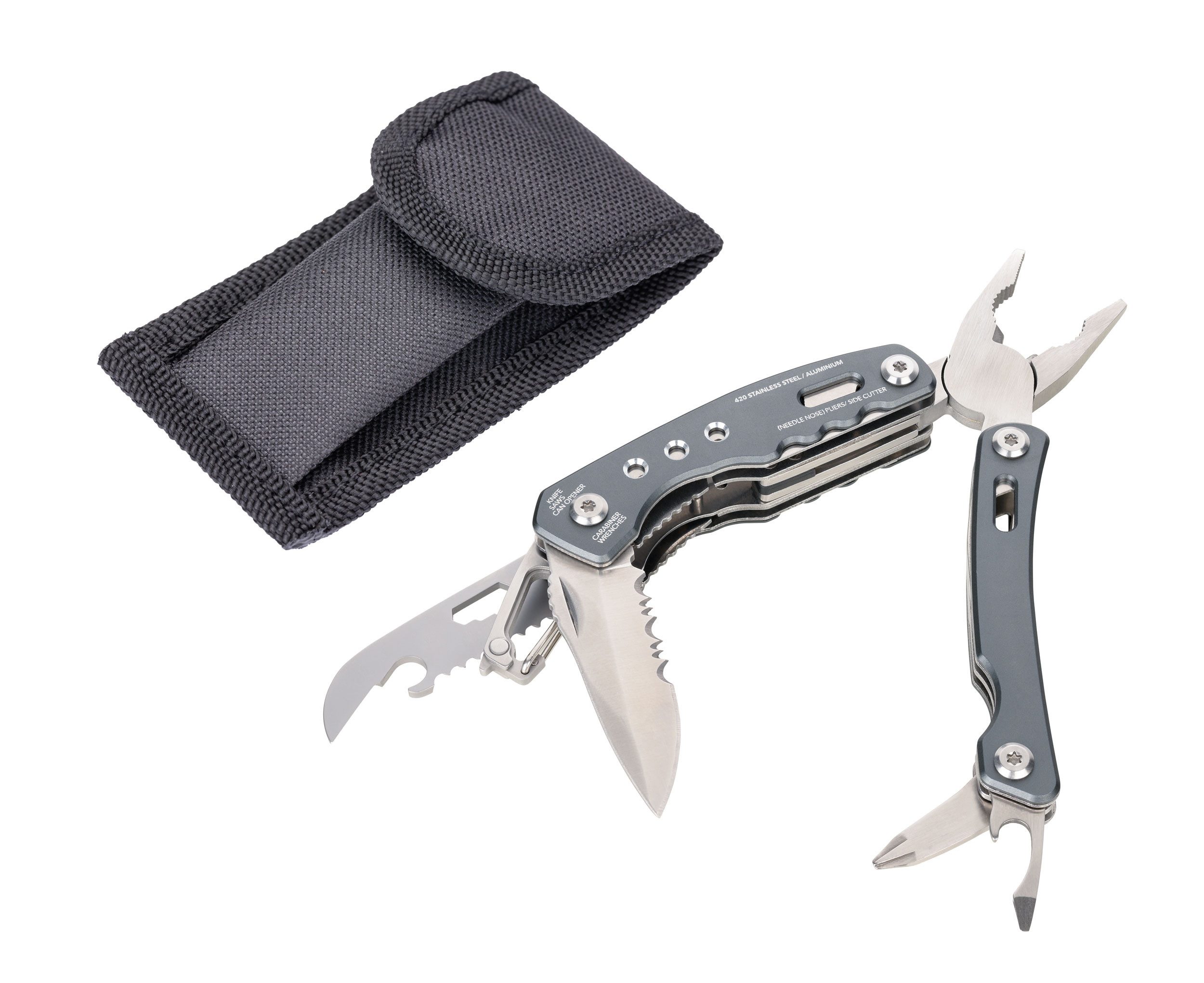 TROIKA Multitool Multifunktionswerkzeuge aus Edelstahl, verschiedene Anwendungsgebiete, mit Karabiner, Zange, Messer & Schraubendreher, 15 Funktionen, Outdoor