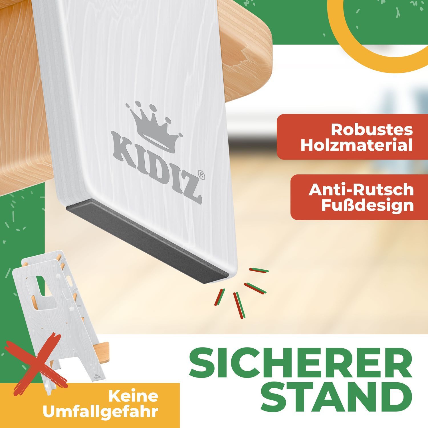 KIDIZ Stehhilfe Montessori Lernturm aus Kiefernholz ab 1 Jahr & bis 50 kg belastbar (Tritthocker inklusive Lernuhr & abnehmbarer Anti-Kipp-Schutz), 3-stufig Höhenverstellbar, spielerisch motorische Fähigkeiten fördern