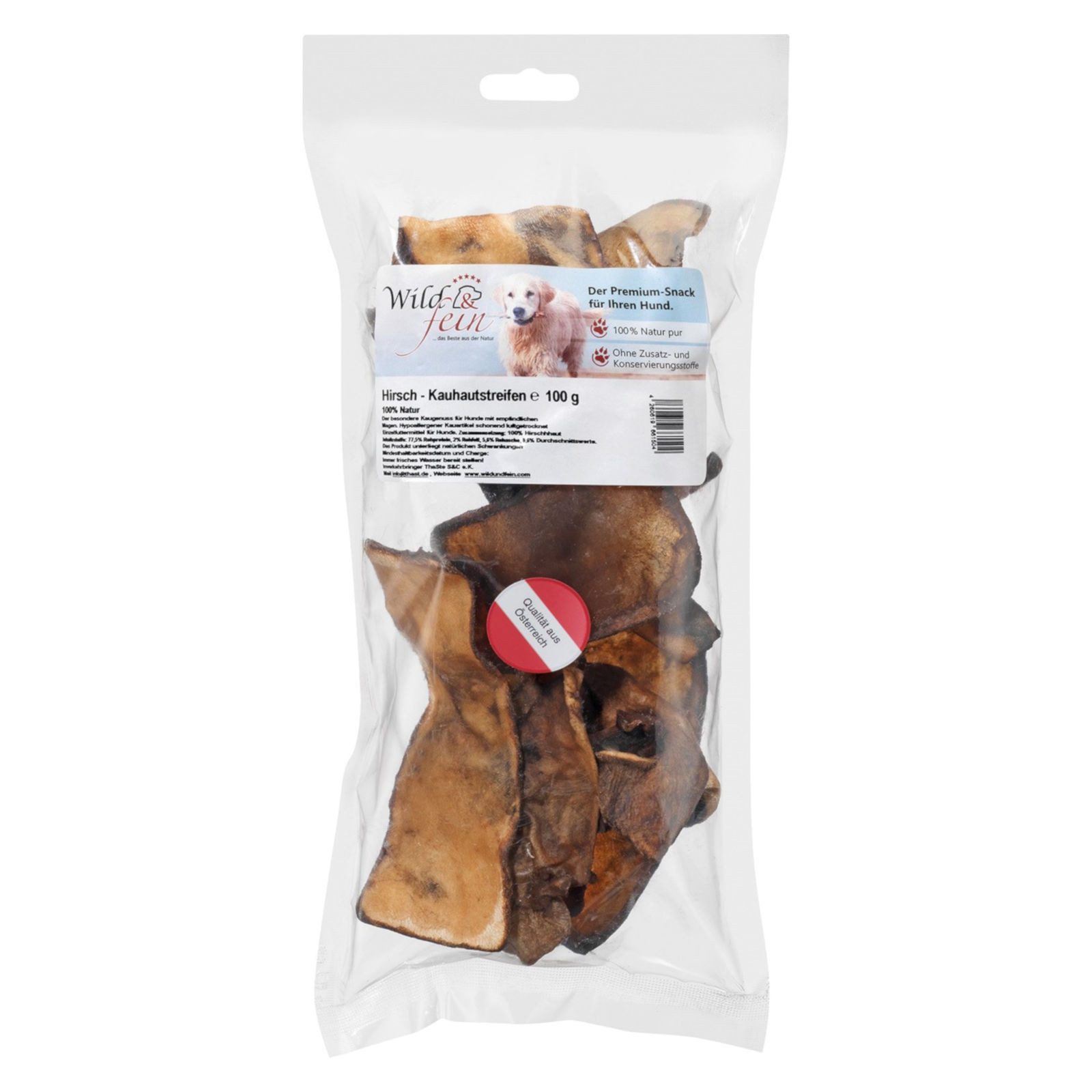 Wild & Fein Hirsch Kauhautstreifen 100 g Kauartikel für empfindliche Hunde, Snack für: Hund