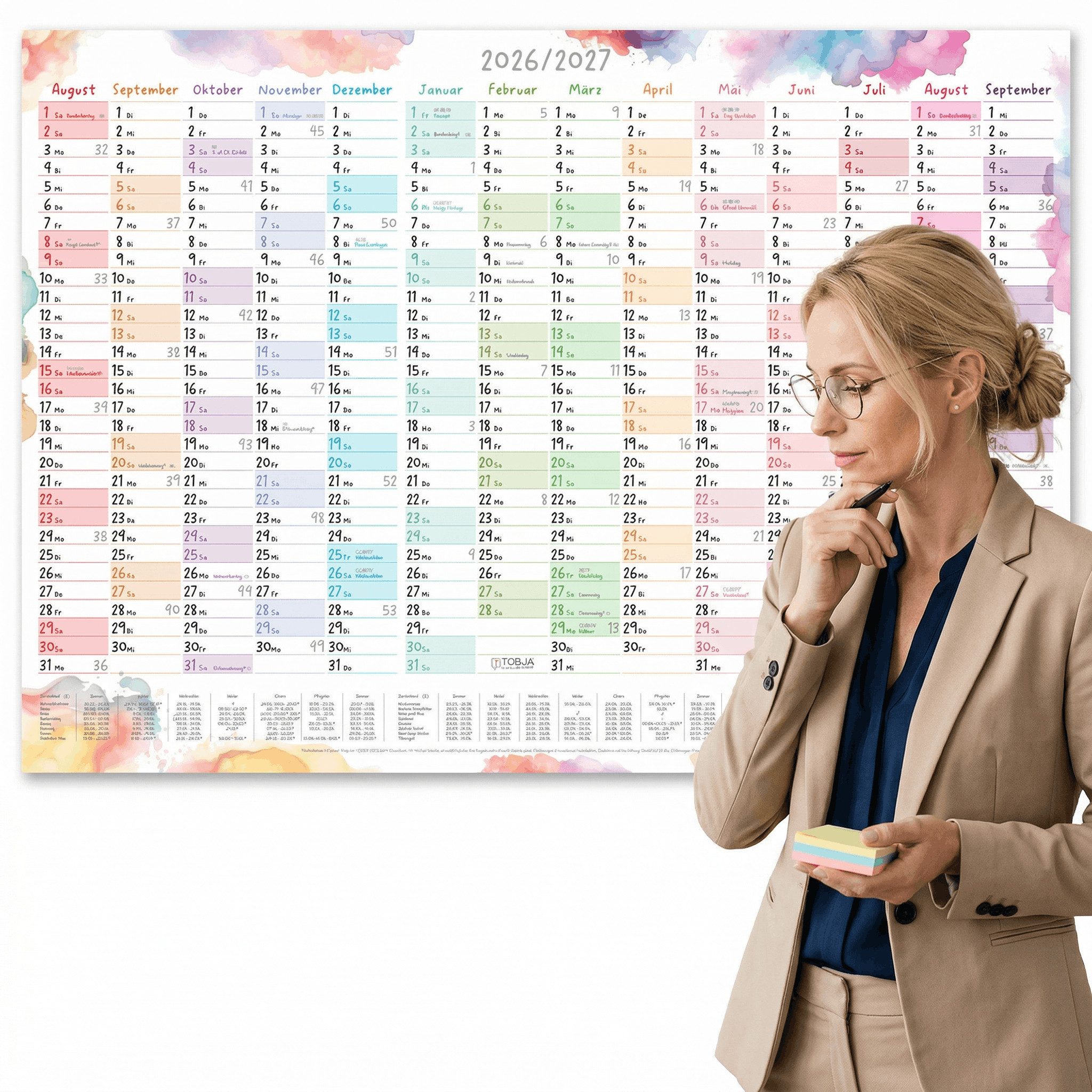 TOBJA Wandkalender Schuljahreskalender A1 2026/2027 "Aquarell Splash" 14 Monate Kalender, Wandkalender, Jahresplaner Ferien & Feiertage DE/AT