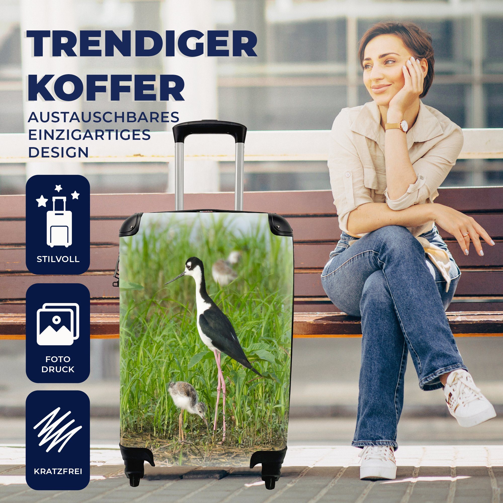 Trolley, Reisekoffer Vogel MuchoWow Handgepäckkoffer - - 4 Sumpf, Handgepäck Reisetasche Gras mit Küken Ferien, für rollen, Rollen, -