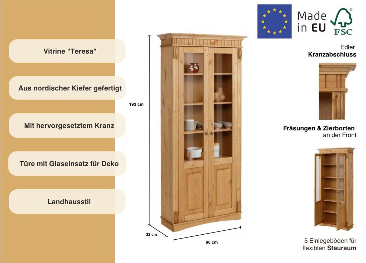 OTTO home Glasvitrine Teresa (Maße (B/T/H): ca. 90/32/193 cm) mit 2 Glastüren, Höhe 193 cm, aus massiver Kiefer, FSC®