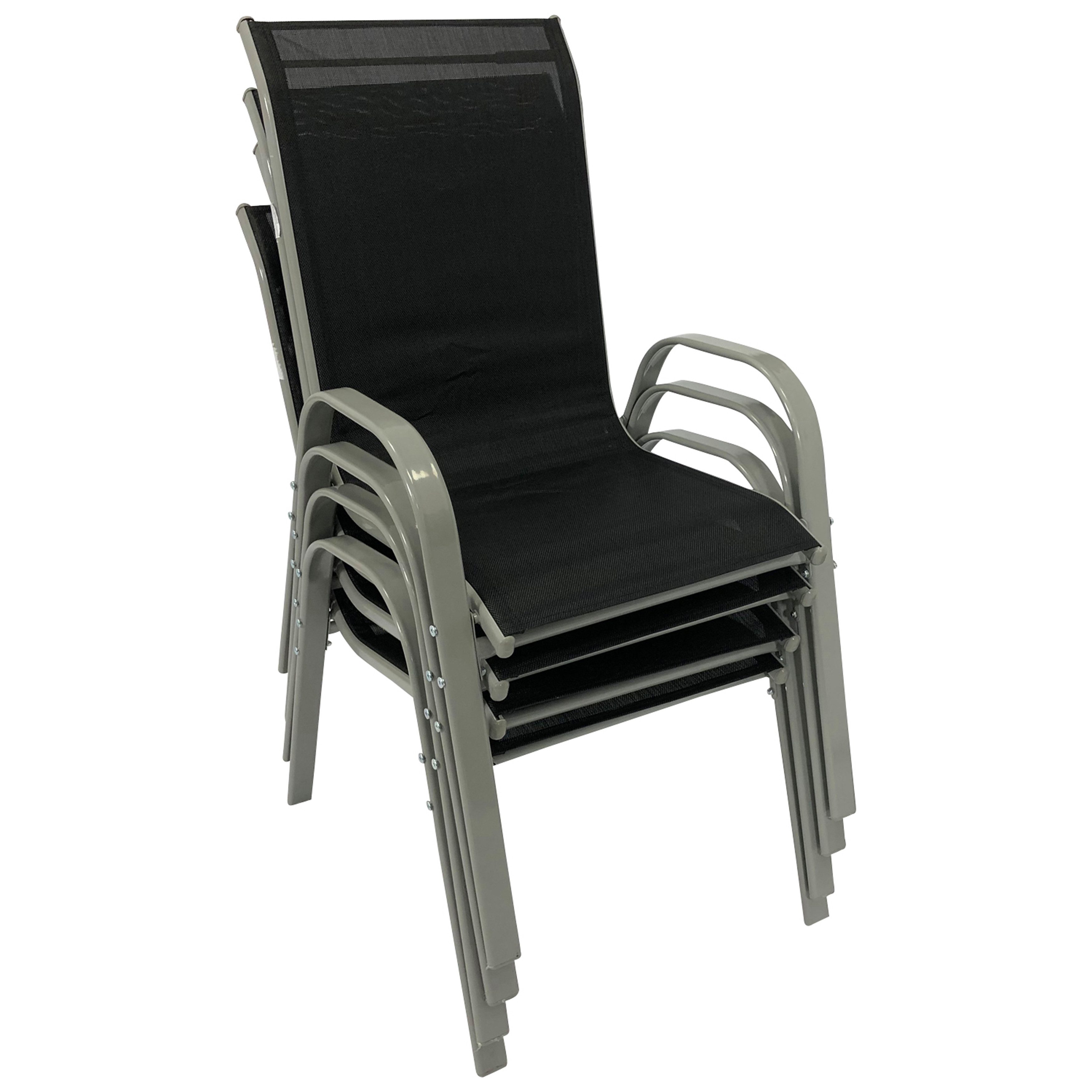 TPFGarden Gartensessel SORATTE (Stapelsessel Metall silbergrau + Textilgewebe schwarz, 4-er Set, Gartensessel), Maße: 56 x 71 x 95
