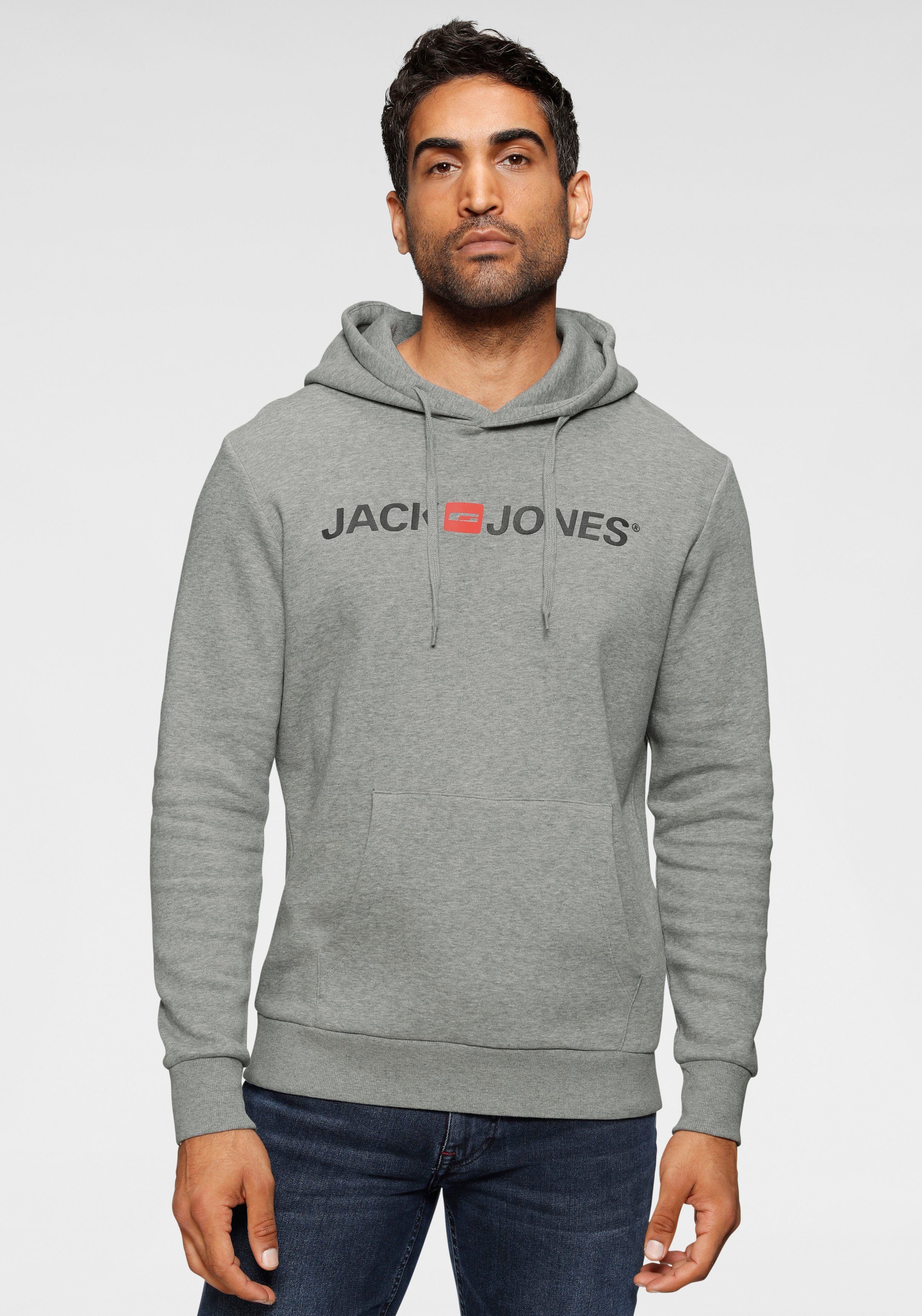 Jack & Jones Kapuzensweatshirt Logo Hoodie Oldschool hellgrau-meliert