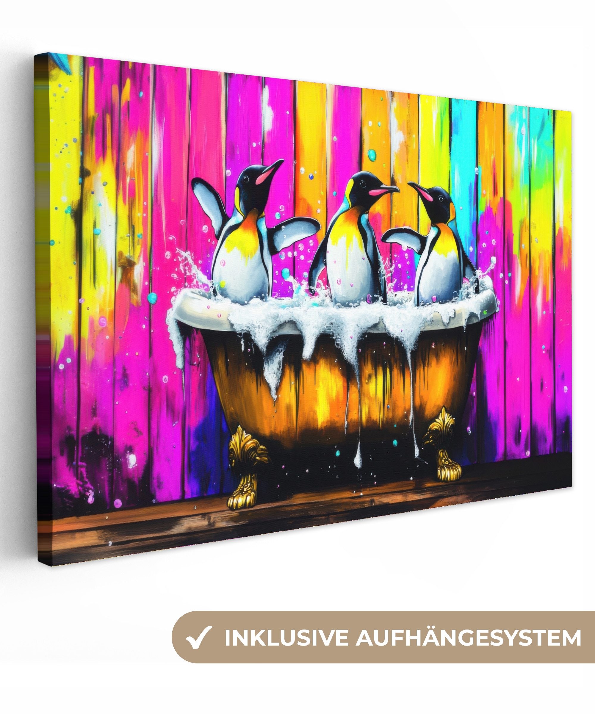 OneMillionCanvasses® Leinwandbild Pinguine - Badewanne - Bunt - Schaumstoff günstig online kaufen