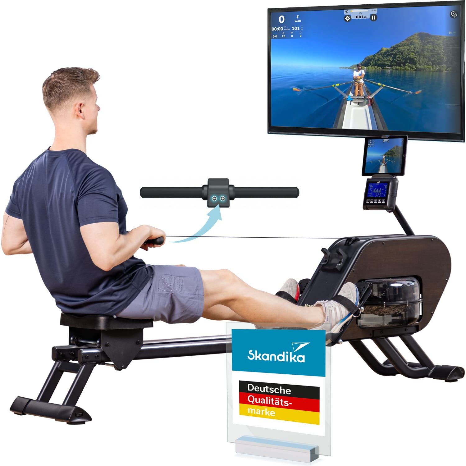 Skandika Rudergerät Nemo III Hybrid, Wasser- und Magnetwiderstand, aufstellbar (Bluetooth, 32 elektrische Widerstandsstufen, Transportrollen), für Zuhause, 15 Programme, bis 200 cm, App-kompatibel, LCD-Computer