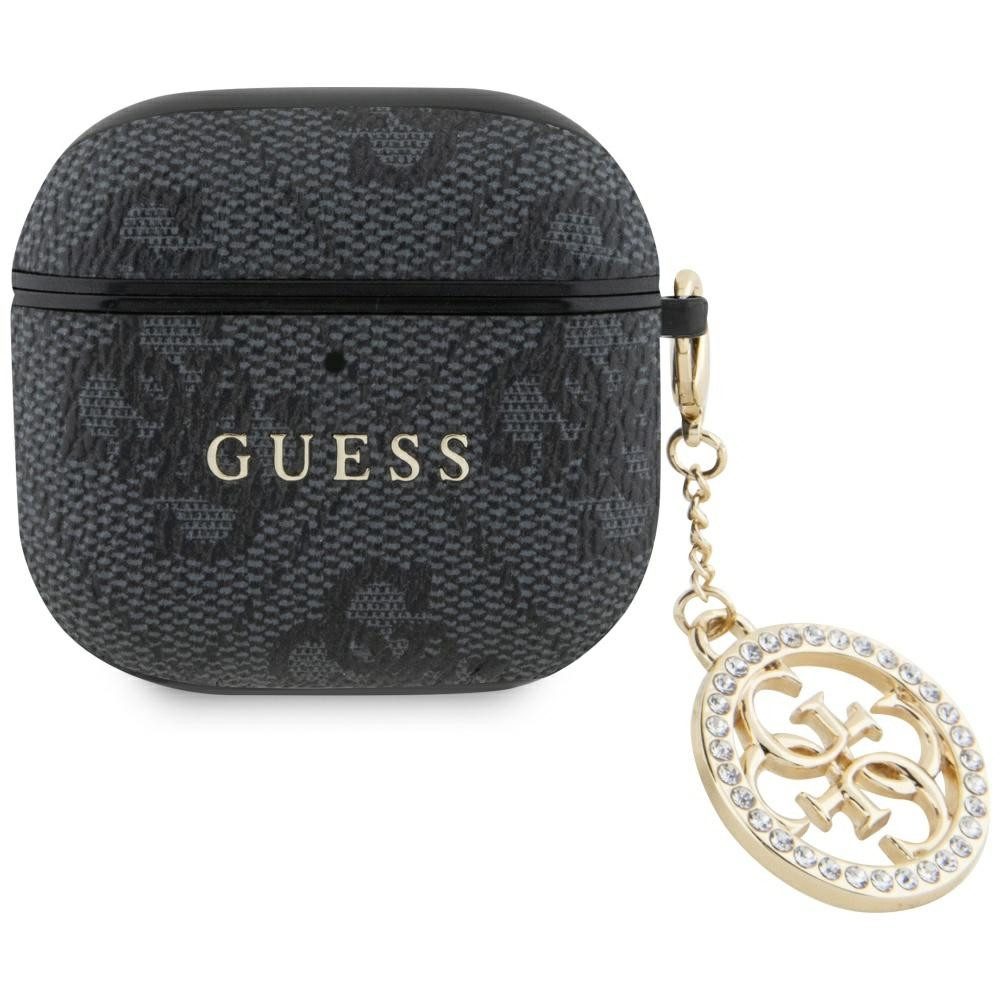 Guess Kopfhörer-Schutzhülle Case AirPods 4 Kunstleder grau Logo Metal Kette Strass goldfarbig, Kantenschutz