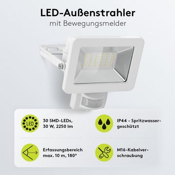 Goobay LED Flutlichtstrahler LED Außenstrahler mit Bewegungsmelder 30 W Scheinwerfer, LED fest integriert, Neutralweiß, 4000 K / 2550 lm / M16 Kabelverschraubung / Weiß