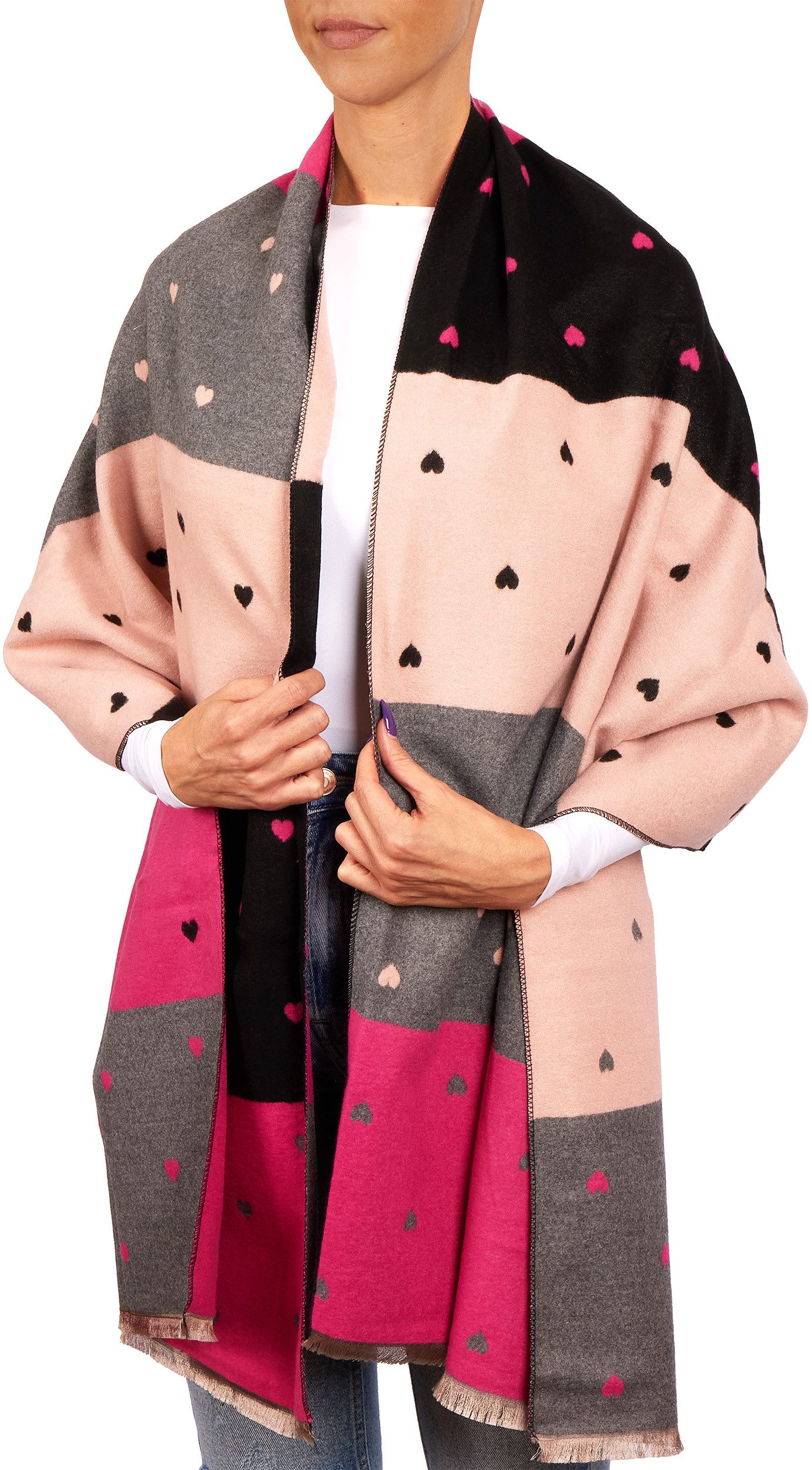 BRUBAKER Schal Cashmirillo Damen Schal mit Herz Muster - 70 x 200 cm, (Weiches Kaschmir-Gefühl, 1-St. für Herbst und Winter), Warm, Kuschelig und Oversized - He – Bild 2 von 5