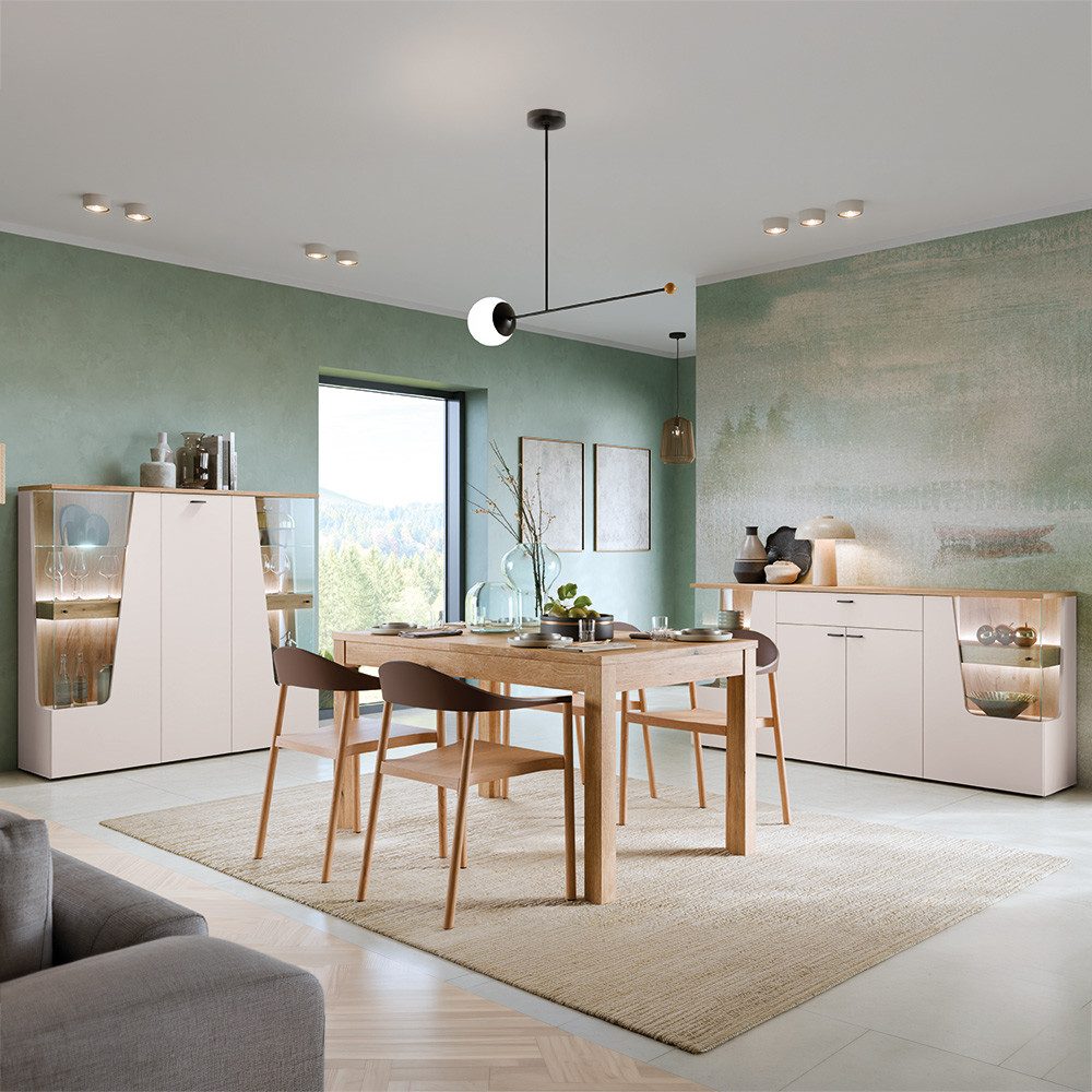 Lomadox Esszimmer-Set CARMONA-129, (Spar-Set, 3-St., Esstisch Highboard Sideboard), in Kaschmir und Eiche, inkl. LED-Beleuchtung