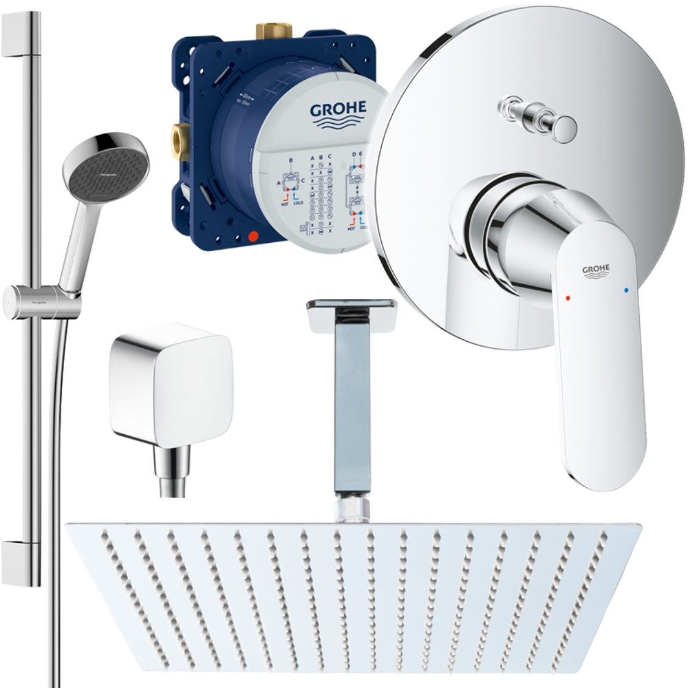 Grohe und Jowi Duscharmatur Eurosmart Cosmopolitan Duschsystem, Hansgrohe Brausegarnitur, Decke (Unterputz-Duschsystem, mit 650mm Brausestange und Deckenanschluss) Deckenanschluss