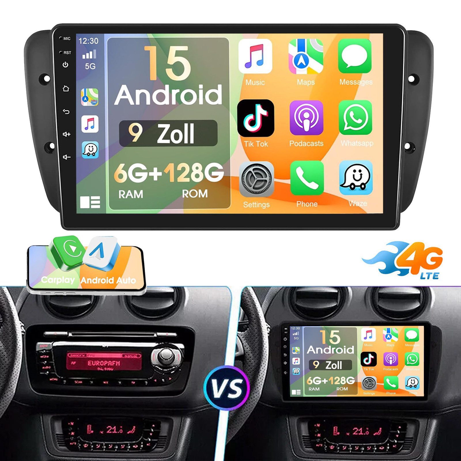 ESSGOO 6+128G Für Seat Ibiza 6j 2009-13 GPS Sat Navi WIFI Android 15 Carplay Autoradio (RDS, 6GB+128GB, 4G LTE, DAB (optional), FM, AM, DAB+ (optional), Carplay Android Auto Bluetooth EQ USB GPS Navi WIFI Touchscreen)