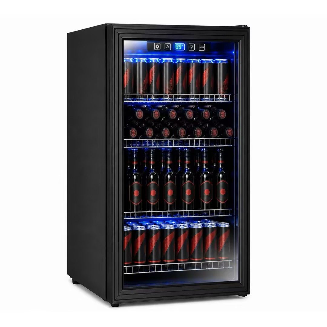 Furnicopia Getränkekühlschrank 90L,Doppelglas, LED,leiser Betrieb KVC-90A, Digitale LED-Touchscreen-Bedienung,höhenverstellbare Füße und Ablagen.