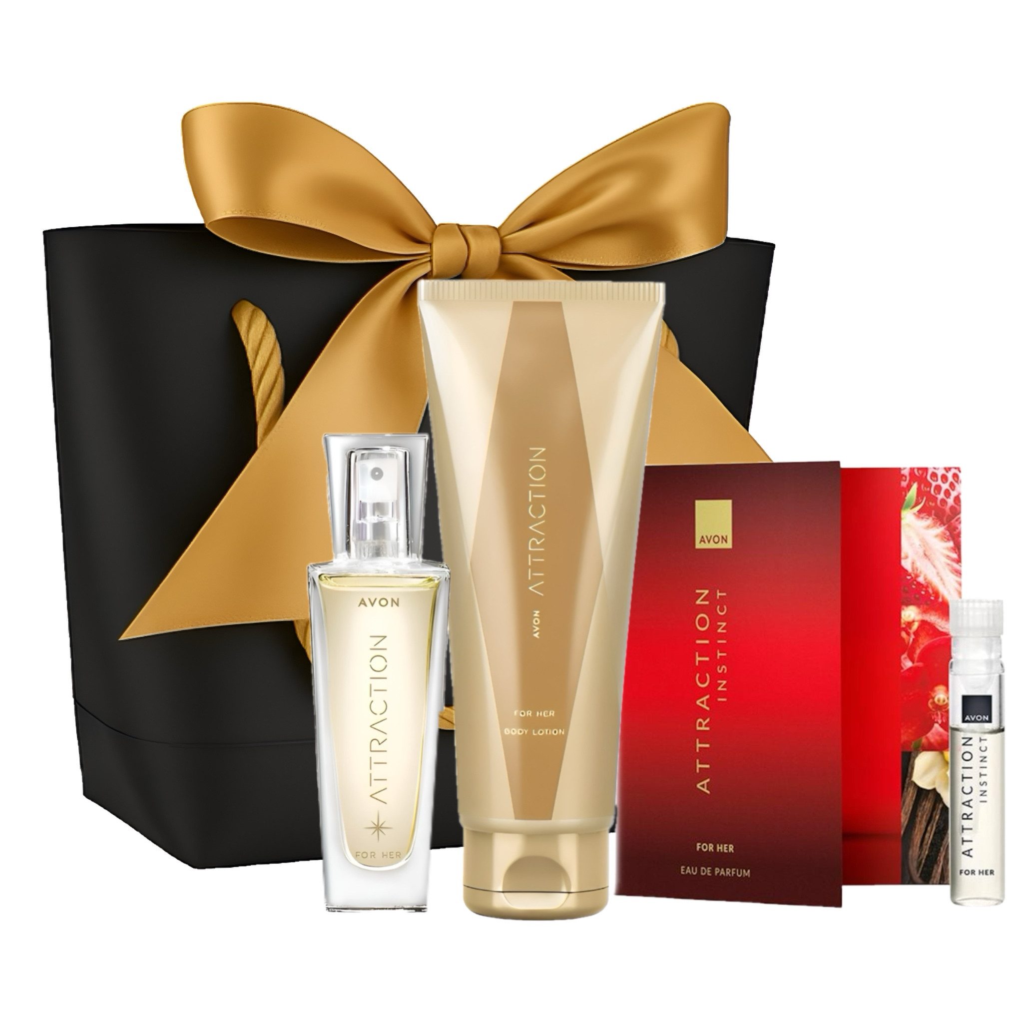 AVON Cosmetics Eau de Parfum Attraction Geschenkset für Sie 30 ml + Körperlotion 125 ml, 4-tlg., Sinnlicher Damenduft mit Brombeere, Moschus und Vanille-Ambra